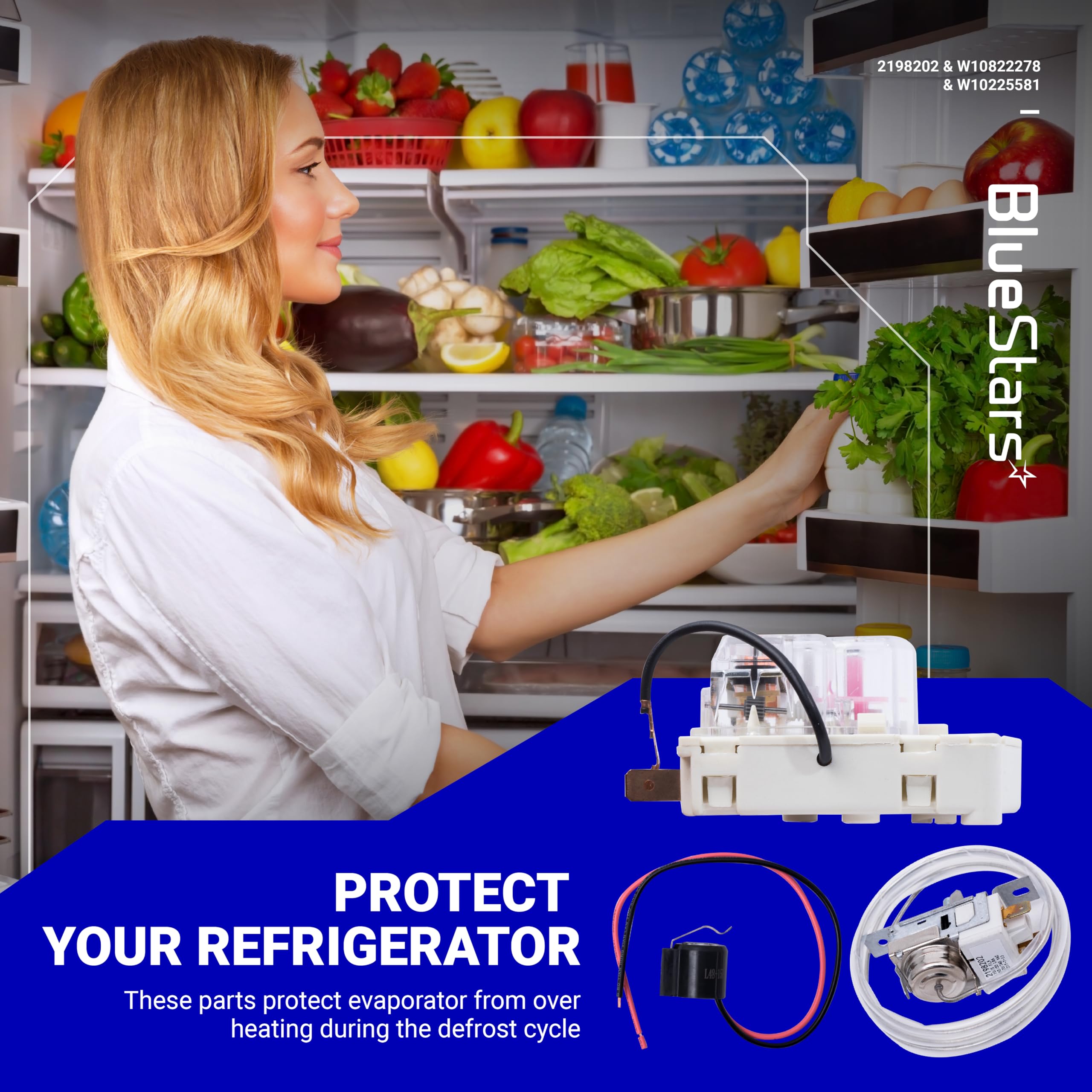 BlueStars Refrigerator Defrost Thermostat Kit - W10822278 Defrost Timer & W10225581 Bimetal Thermostat Replacement for Whirlpool Kenmore Refrigerators - Cold Control Thermostat 2198202 - Perfect for Home Kitchen Appliance Repair & Maintenance