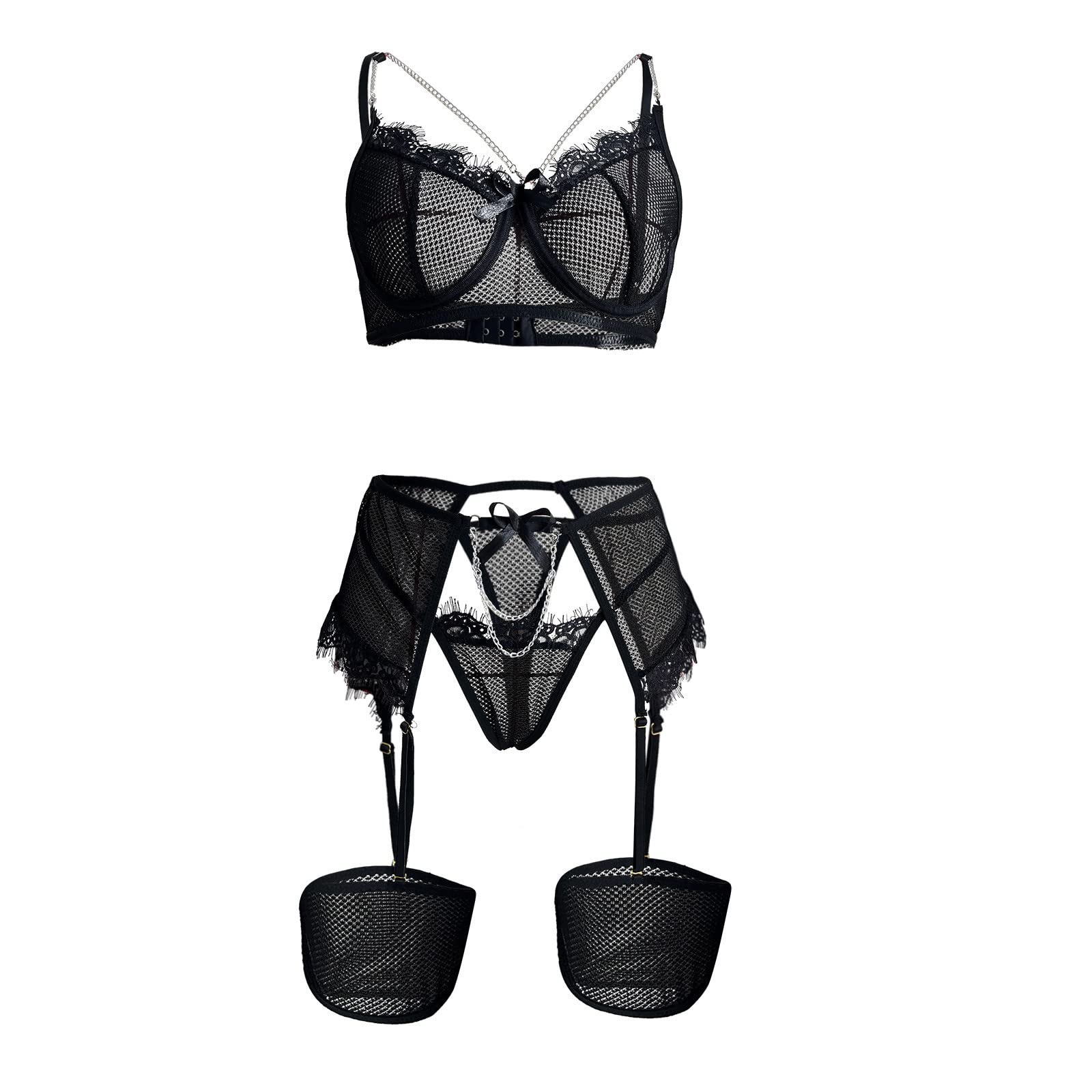 Sexy Women's Lingerie Set with Garter Belt & Lace Bra - Fashionable Metal Chain Hollow Design Full Coverage Bra with Stockings | Perfect for Valentine's Day, Bridal Shower, Anniversary Gifts & Romantic Nights