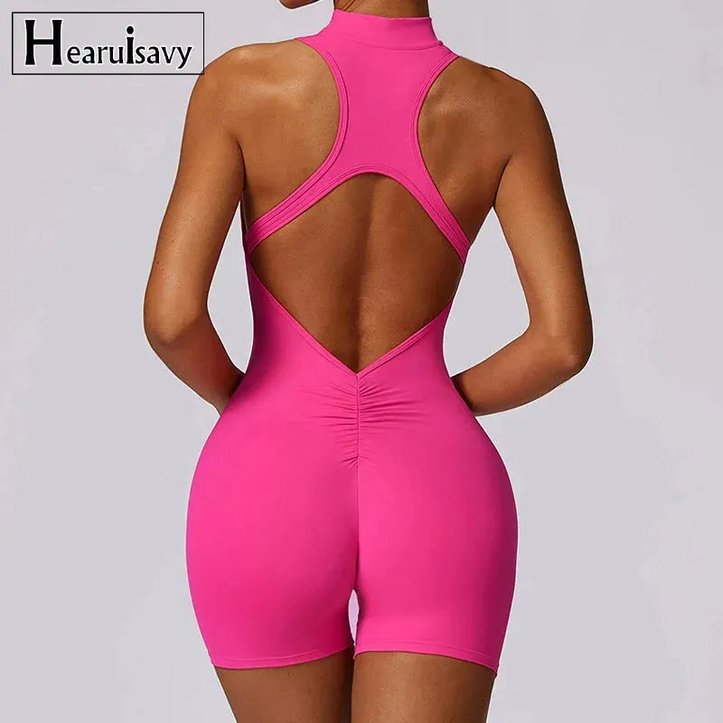 New V Back Scrunch Sports Jumpsuit for Women - Sleeveless Gym Romper with Zipper, Yoga Bodysuit & One Piece Workout Suit | Perfect for Yoga, Gym, Running & Fitness Training