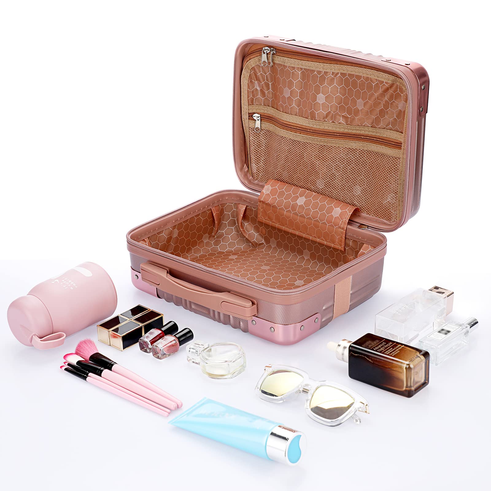 Portable Hard Shell Cosmetic Travel Case - Small ABS Makeup Organizer with Elastic Band - Mini Carry On Hand Luggage for Women (Rose Gold) - Perfect for Air Travel, Weekend Getaways & Daily Makeup Storage