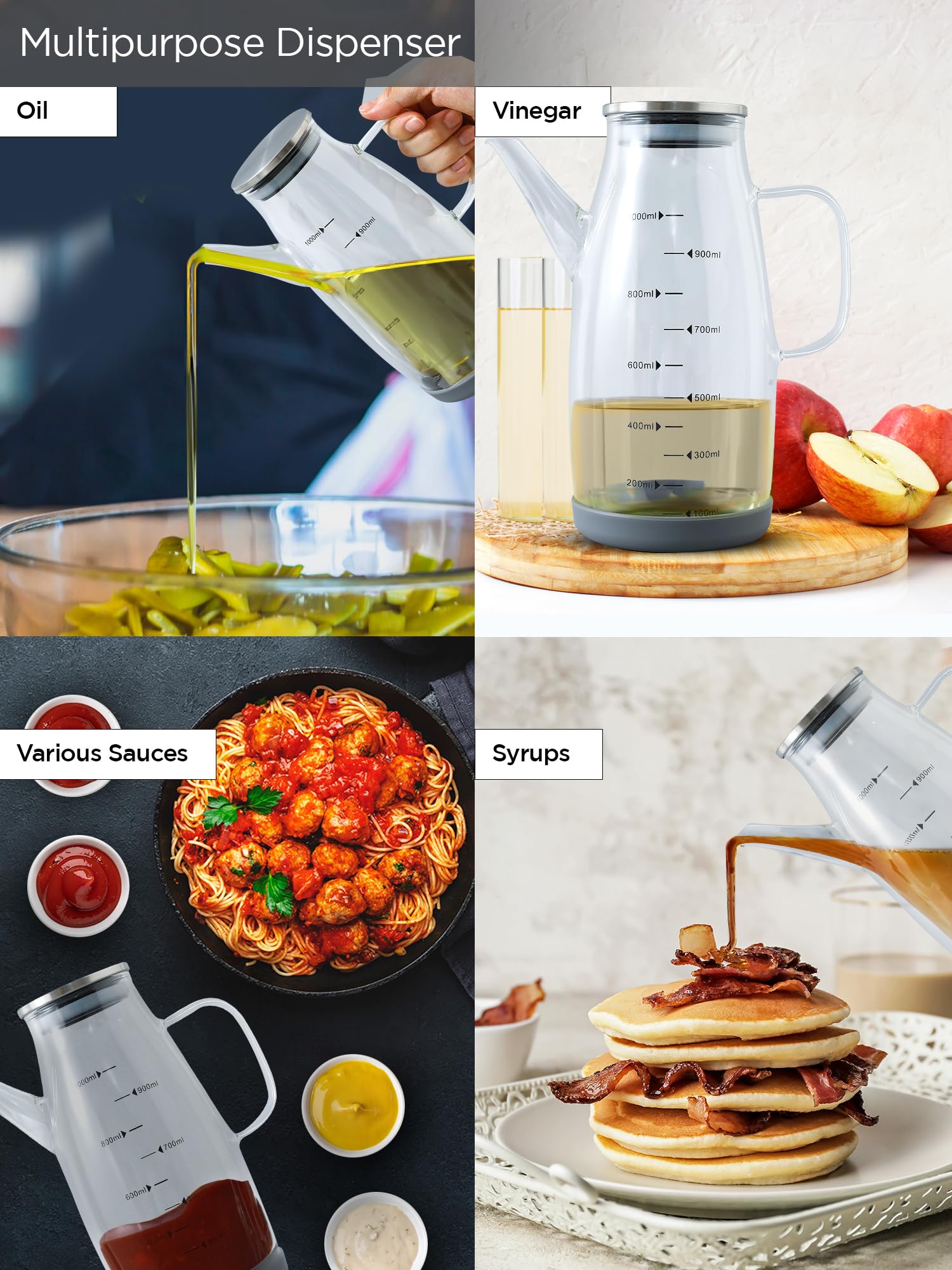 Premium 1L Glass Oil Dispenser Bottle with Cap & Handle - Borosilicate Kitchen Oil Container, Spill-Proof & Food Grade - Perfect for Olive Oil, Vinegar & Cooking Oils - Ideal for Restaurants, Home Kitchens & Gourmet Cooking