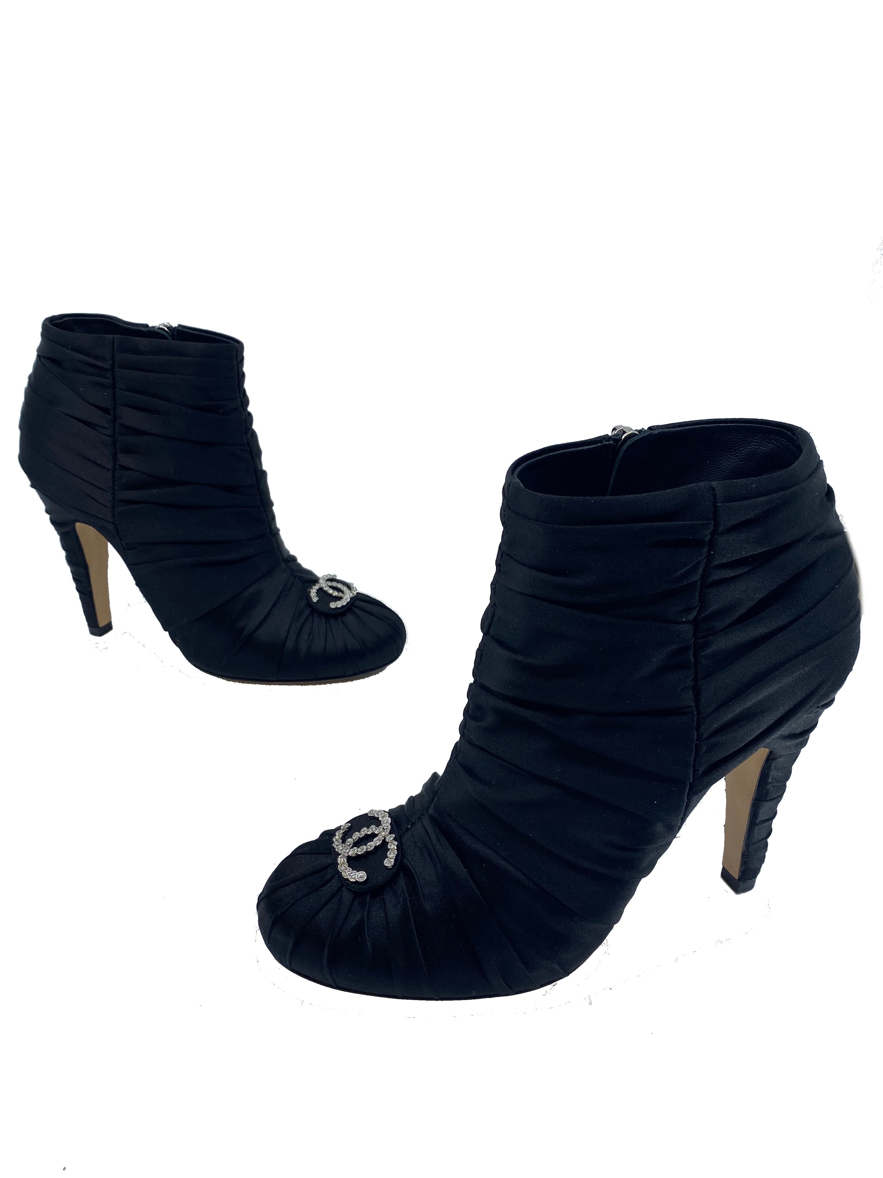 Chanel Ruched Satin CC Booties Women's Size 6.5 - Luxury Designer Shoes for Evening Parties & Special Occasions