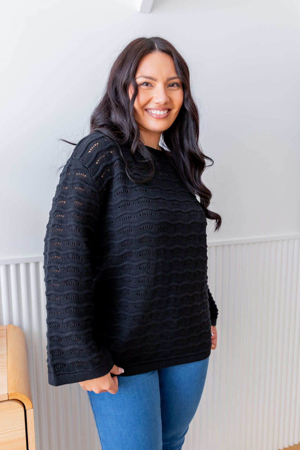 Black Waves Knit Sweater - Soft & Stylish Women's Pullover for Casual Wear & Layering