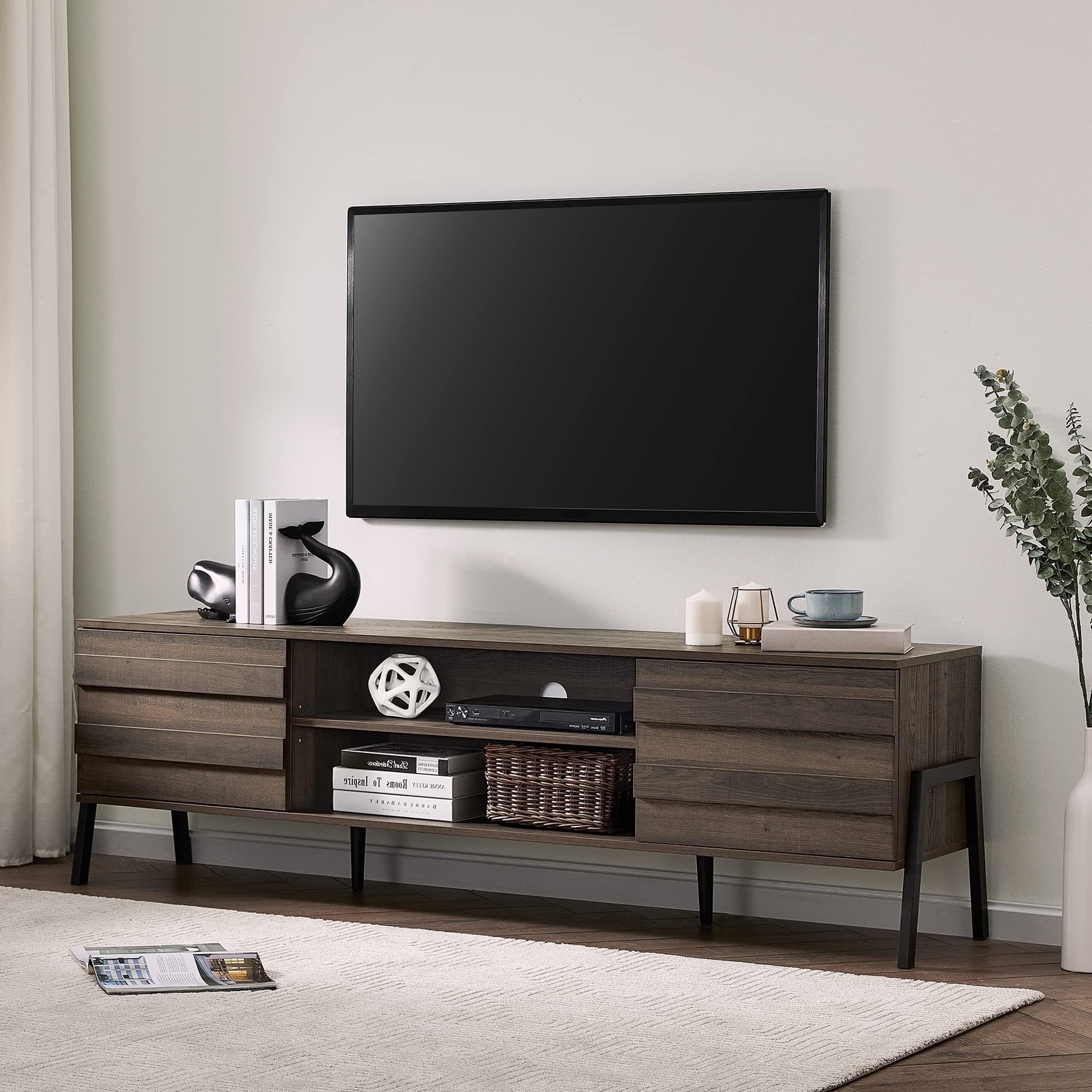 Mid-Century Modern TV Stand for 75 Inch TVs - Solid Wood Media Console with Storage Shelves, Entertainment Center for Living Room & Bedroom - Perfect for Home Theater Setup & Stylish Home Decor (70 Inch, Brown)