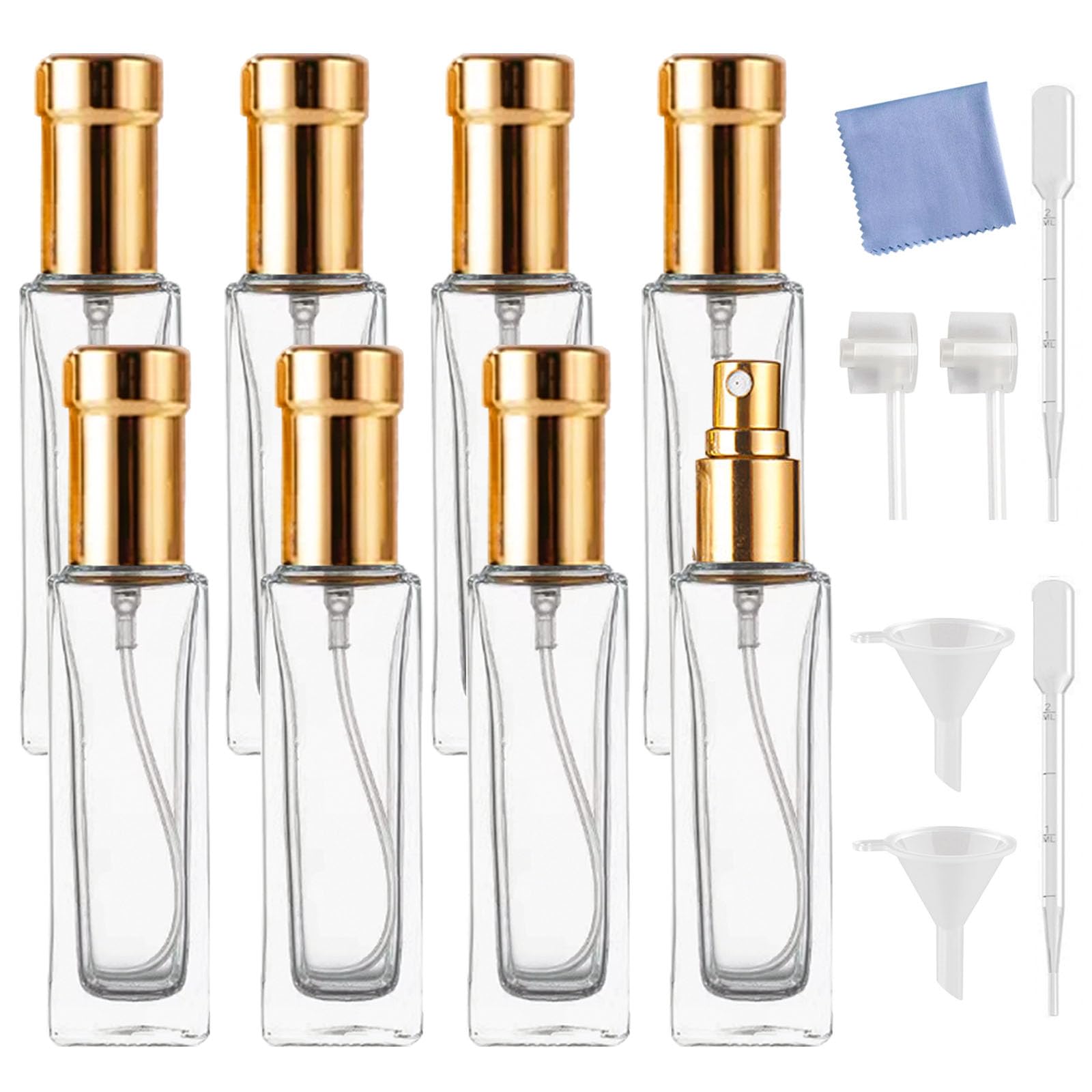 8PCS 20ml Perfume Spray Bottles - Mini Portable Travel Glass Square Atomizer, Small Fine Mist Refillable Sample Spray Bottles for Essential Oils & Fragrances (Gold, 20ml) - Perfect for Travel, Gym, Purse & DIY Perfume Making