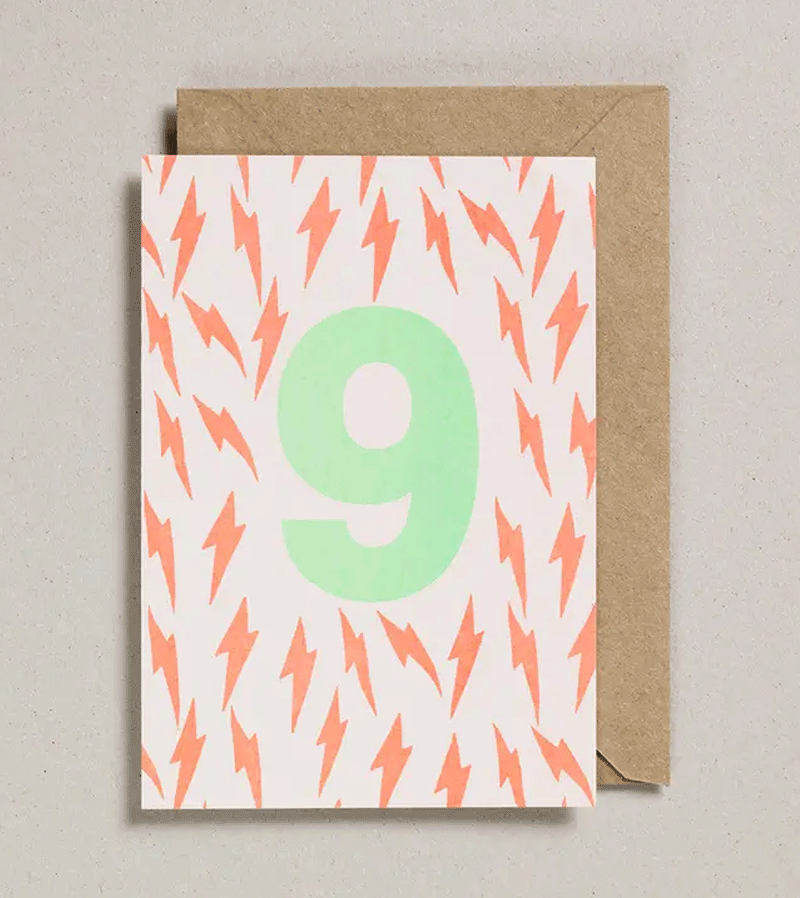 Petra Boase 9th Birthday Number Card - Elegant Riso Printed Design for Kids' Birthday Parties & Celebrations