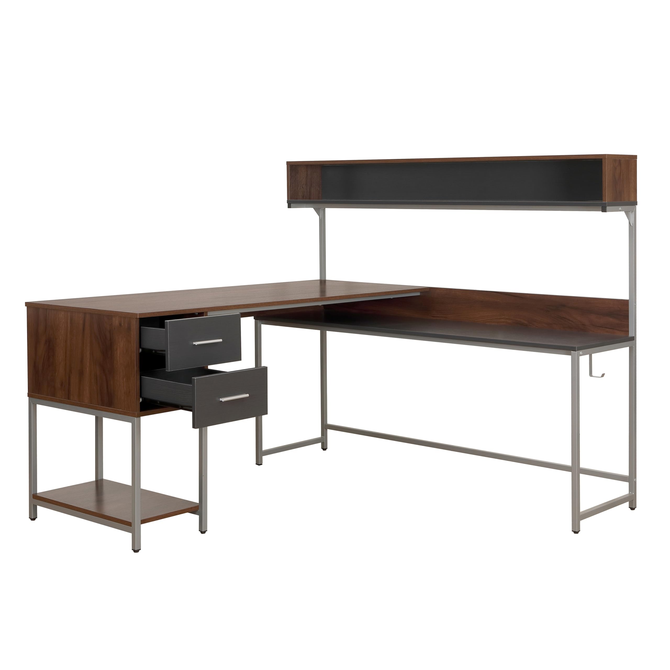 Techni Mobili L-Shaped Corner Computer Desk with Hutch, Storage Drawers & Open Shelf - Walnut Home Office Workstation for PC, Printer & Study Space