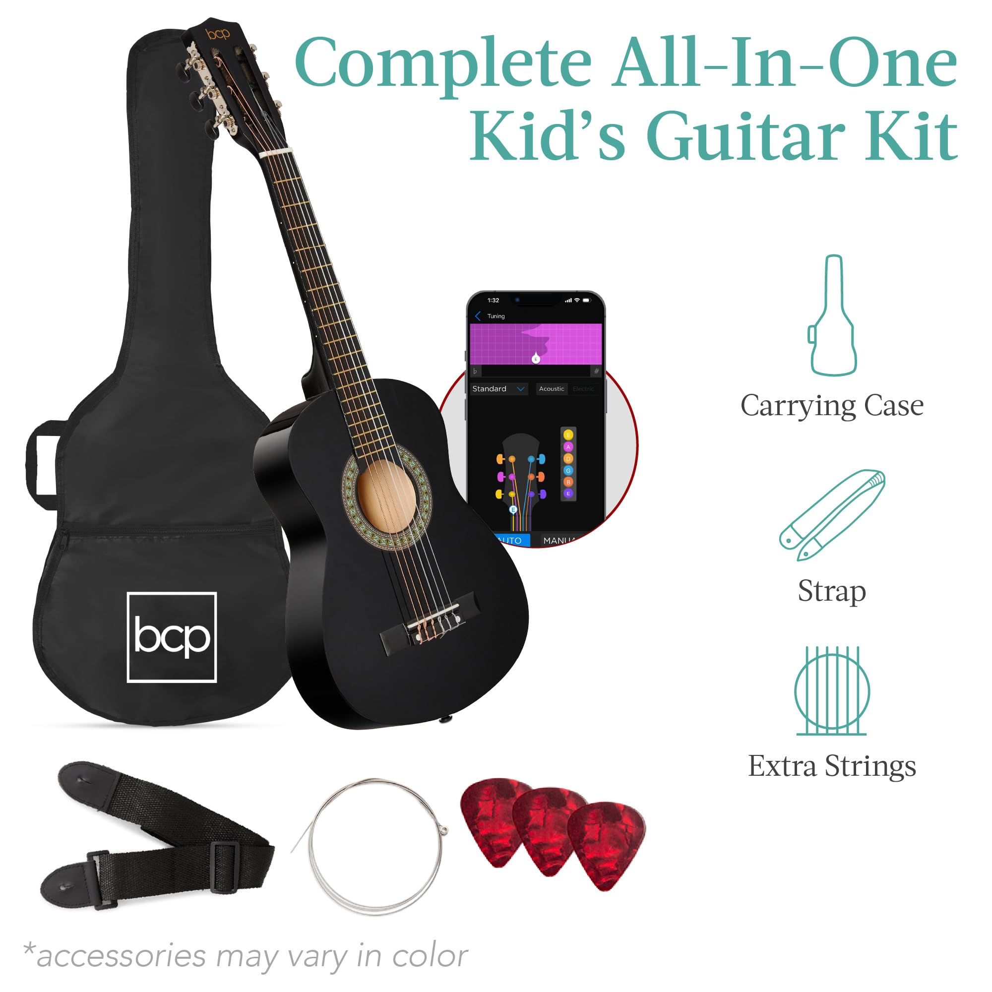 Best Choice Products 30in Kids Acoustic Guitar Starter Kit - Black Beginner Guitar with Strap, Case, Extra Strings & Rosette Inlay - Perfect for Children's Music Lessons, Birthday Gifts & Home Practice