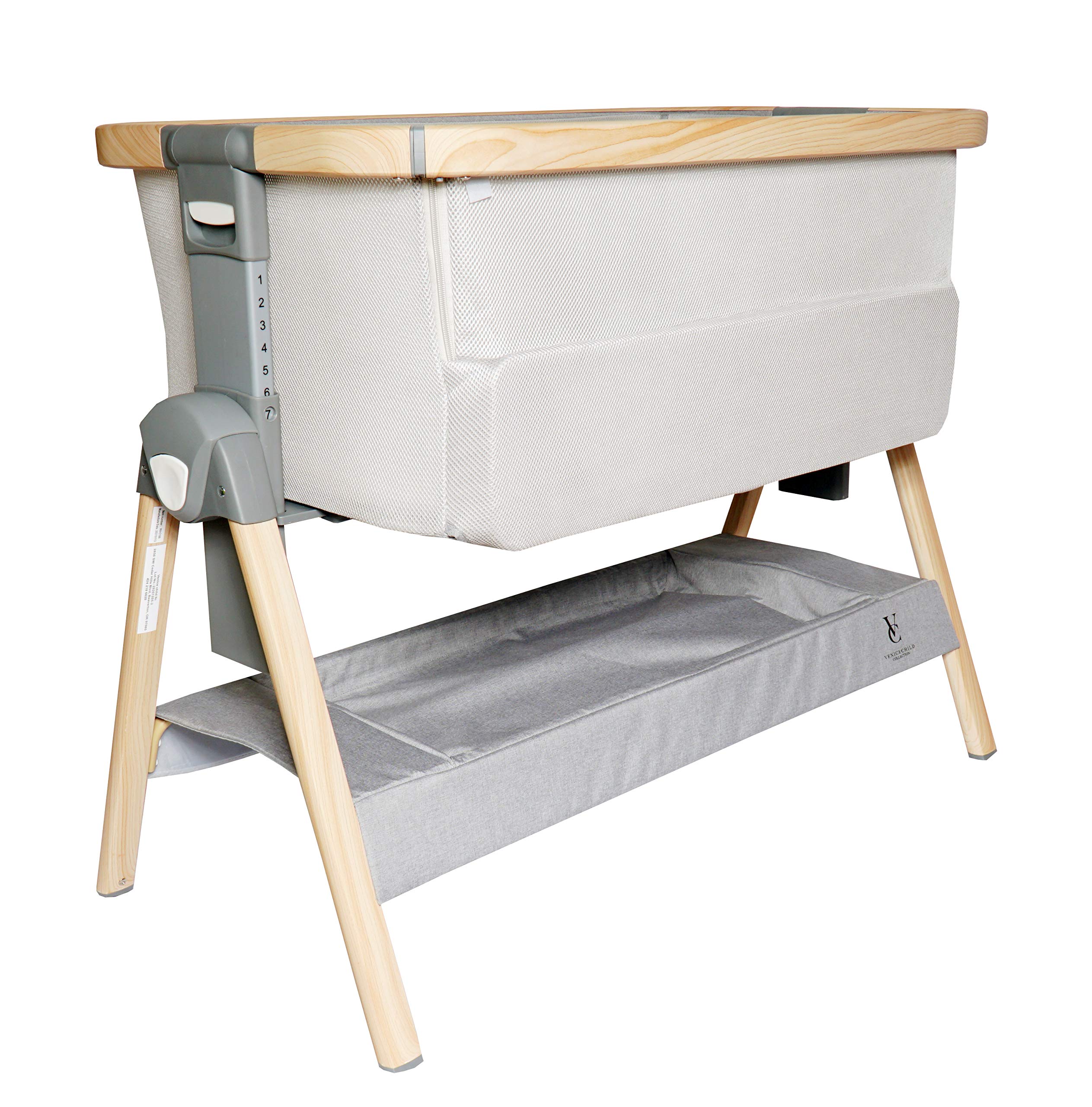 Venice Child California Dreaming Portable Baby Bassinet with Travel Case - Adjustable Height, Removable Bamboo Mattress & Sheet, Easy to Clean (Grey) - Perfect for Nursery, Bedside Co-Sleeping & Travel