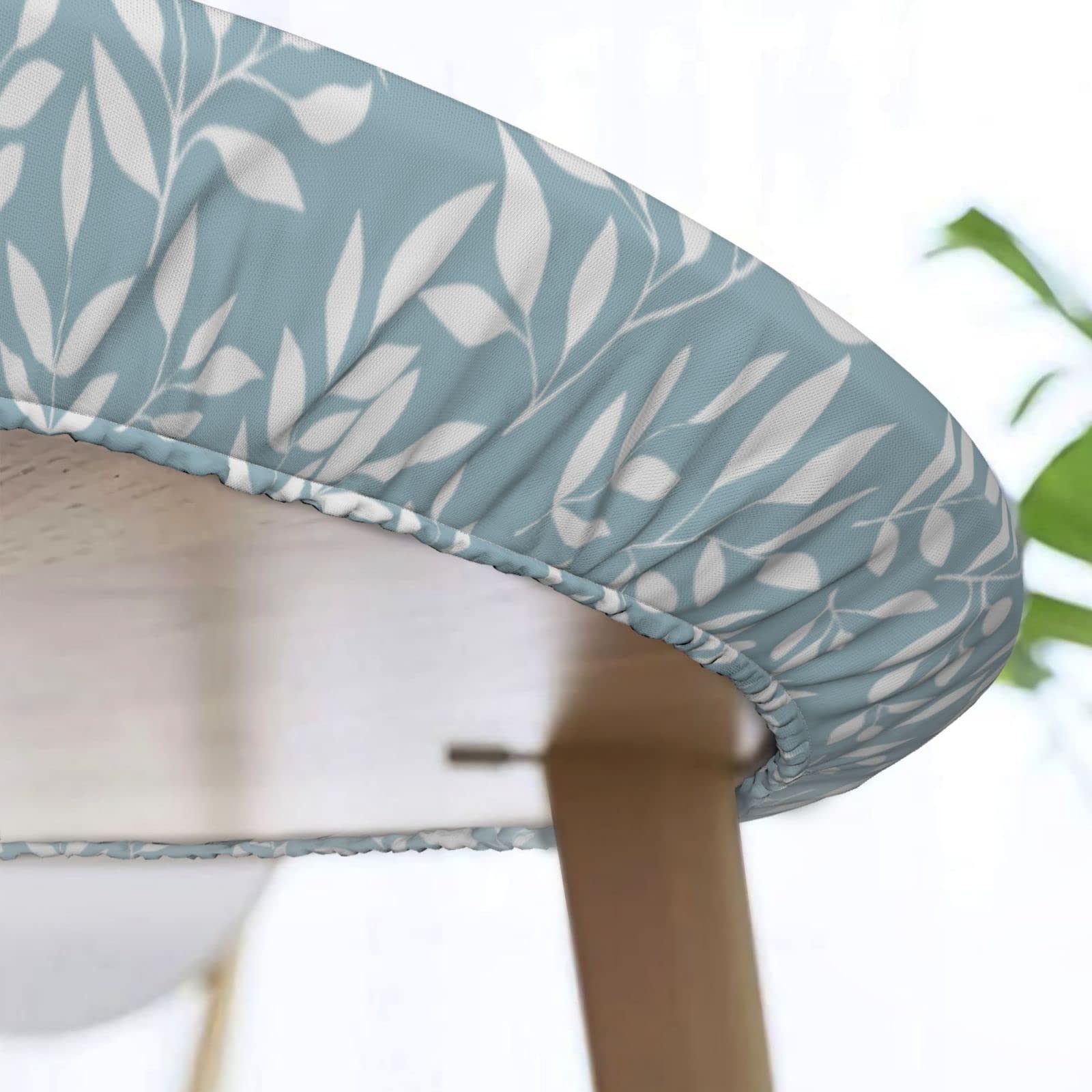 Waterproof Wipeable Elastic Edged Round Fitted Tablecloth - White Leaves Blue Design for 40