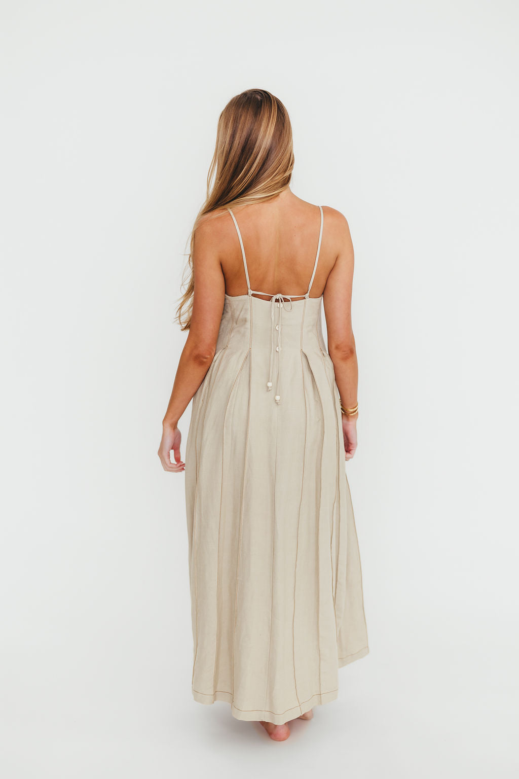 Mei Linen Stitch Maxi Dress in Khaki - Women's Boho Summer Beach Dress for Vacation, Wedding & Casual Outings