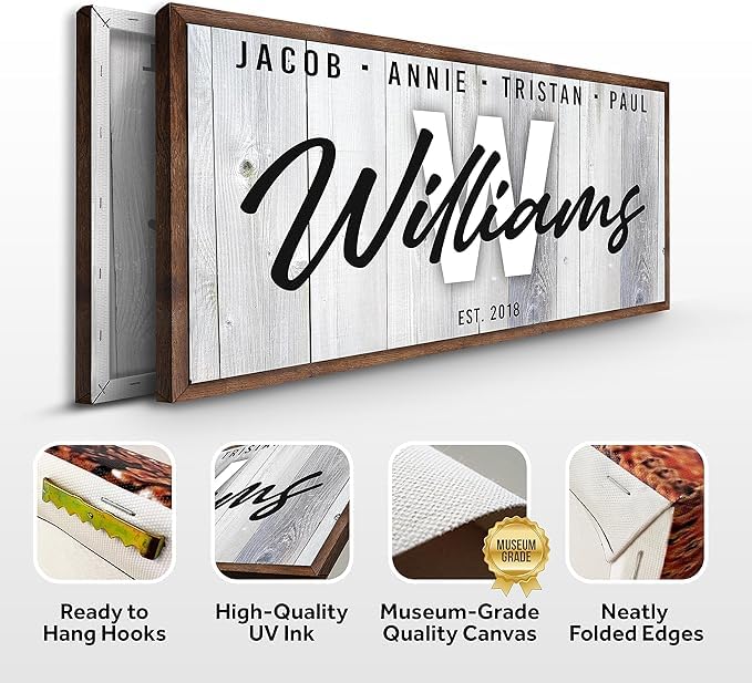 Personalized Family Name Sign - Custom Last Name Wall Decor Canvas for Living Room, Fireplace, Kitchen & Front Door - 60x30 Inch Grey Background Wooden Family Sign - Perfect for Home Decor, Housewarming Gifts & Farmhouse Style Interiors