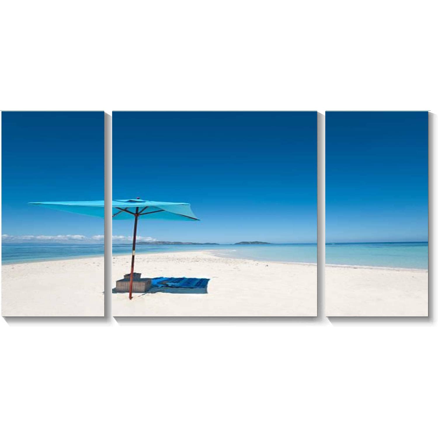 BDMPIZLNSF 3-Panel Beach Wall Art - Framed Canvas Print of Umbrella & Picnic Basket on Deserted Shore - Ready to Hang Living Room & Bedroom Decor - Perfect for Coastal Theme & Vacation Home Decor