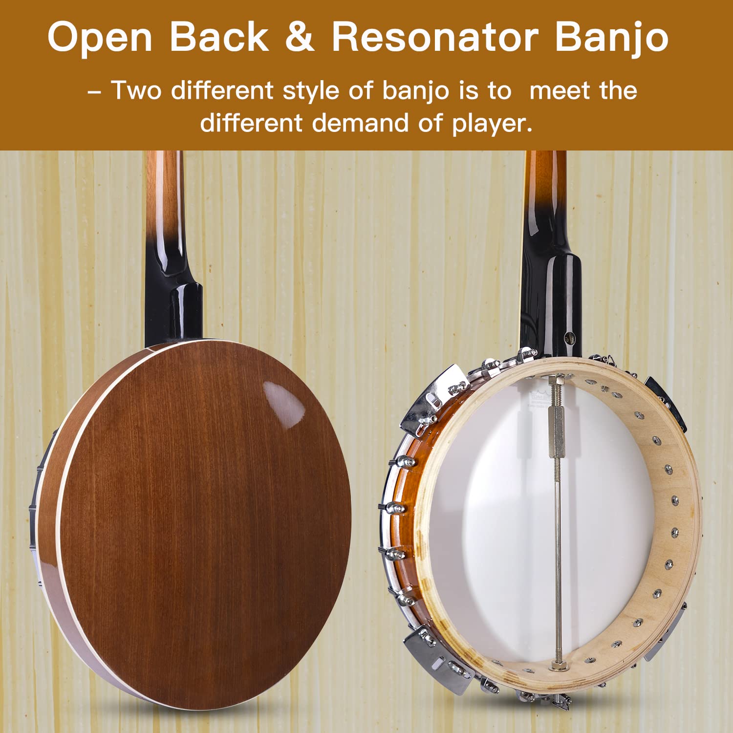 ADM 5-String Full Size Banjo Kit for Beginners - 38 Inch Resonator Banjo with Remo Drum Head, Open/Closed Back Options, Free Lessons & Starter Accessories - Perfect Gift for Adults & Teens (Brown) - Ideal for Bluegrass, Folk Music & Country Performances