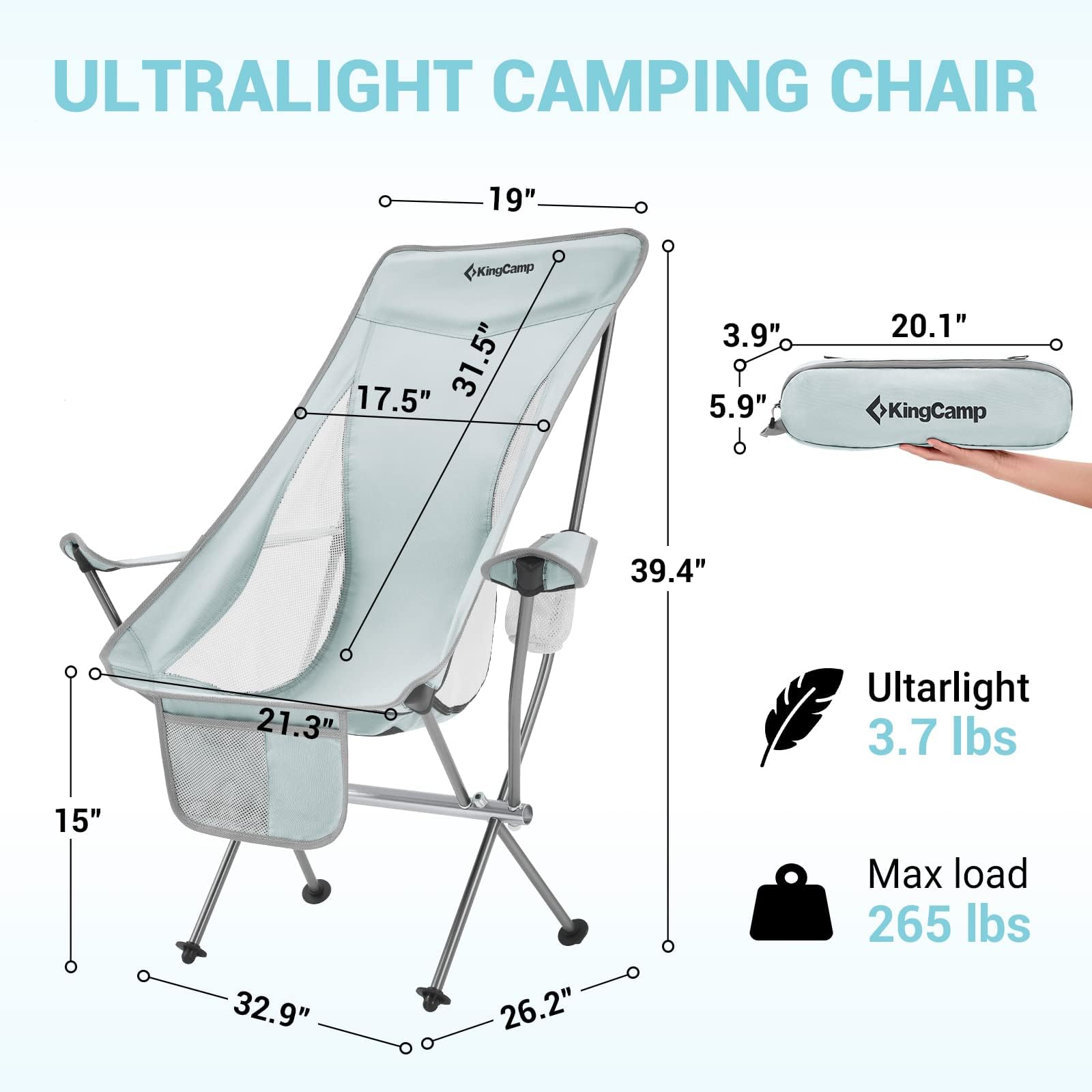 KingCamp 2 Pack Lightweight High Back Camping Chairs - Compact Folding Backpacking Chairs with Headrest, Side Pocket & Carry Bag - Heavy Duty 330lbs Capacity (Only 3.2lbs Each) - Perfect for Outdoor Travel, Picnic, Fishing, Beach, Hiking & Backyard Relaxation