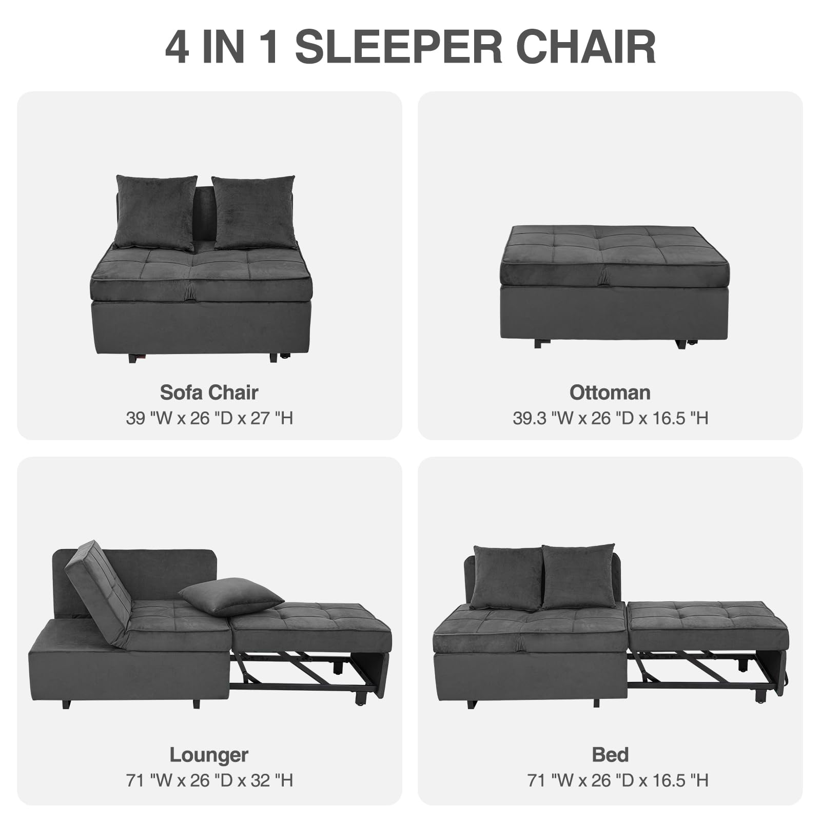 4-in-1 Convertible Velvet Sofa Bed with USB Ports - Sleeper Sofa Chair, Pull Out Futon Couch & Ottoman Bed - 5 Adjustable Backrest & Pillow - Dark Grey for Small Spaces, Living Room, Guest Room & Studio Apartments