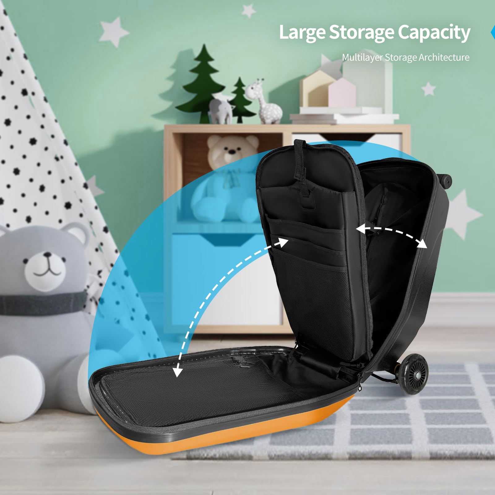 TABU 21 Inch 3D Hardshell Scooter Suitcase for Kids & Adults - Foldable Carry-On Luggage with Telescopic Handle for Ages 4-15 - Lightweight Ride-On Scooter Luggage in Orange - Perfect for Air Travel, School Commute & Family Vacations