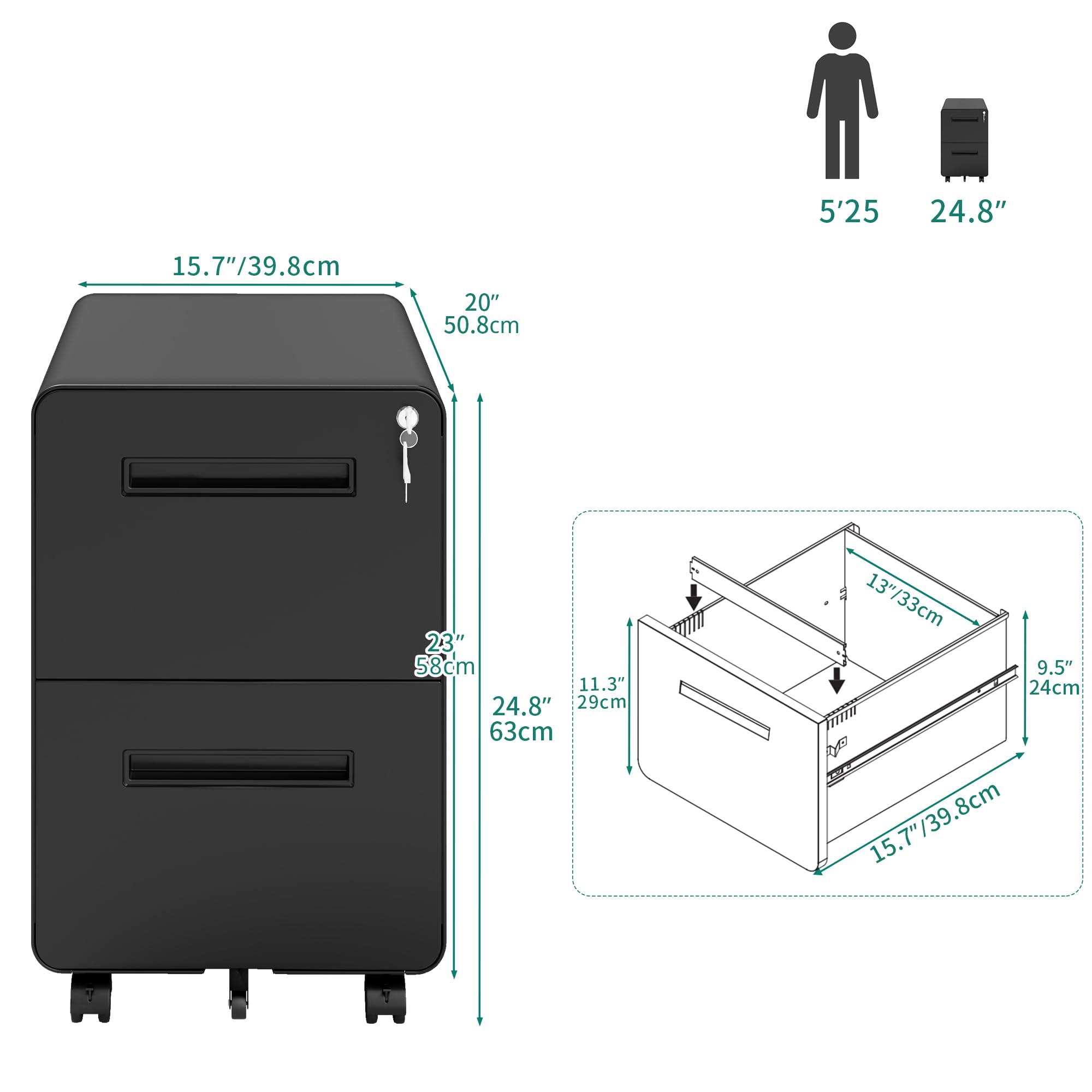 YITAHOME 2-Drawer Rolling File Cabinet - Lockable Metal Mobile Filing Cabinet for Office & Home, Under Desk Storage for Legal/Letter Files, Black - Perfect for Commercial Workspaces & Home Offices