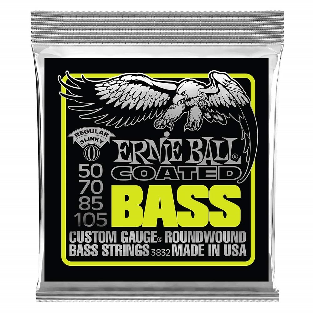 Ernie Ball Regular Slinky Coated Bass Guitar Strings 50-105 Gauge (P03832) - Long-Lasting Tone & Playability for Rock, Metal & Studio Recording