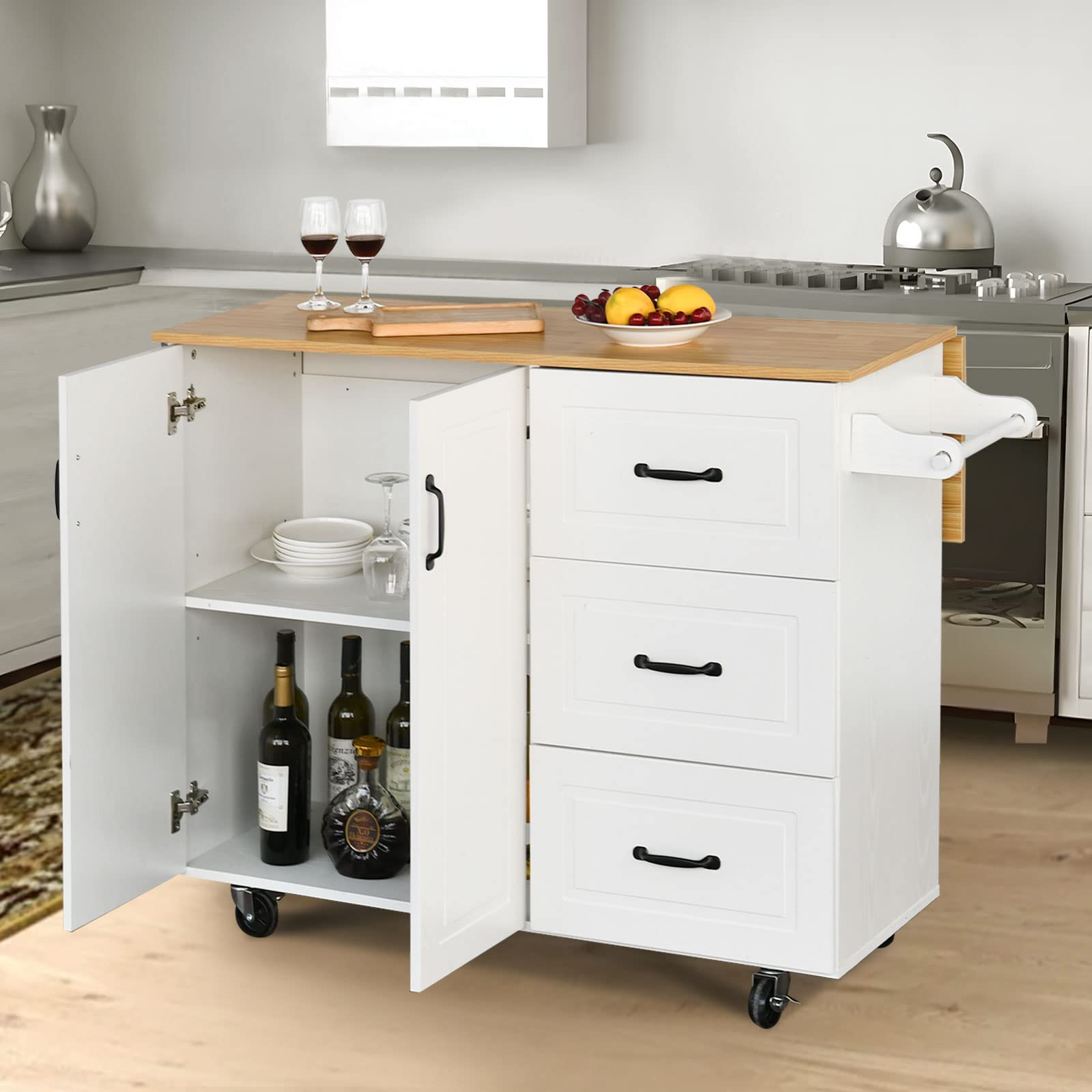 White Kitchen Island Cart with Storage - Mobile Kitchen Island with Drop Leaf, 2 Doors, 3 Drawers, Spice Rack & Towel Rack - Wood Table Top & Seating - Perfect for Small Kitchens, Breakfast Nooks & Food Prep Areas