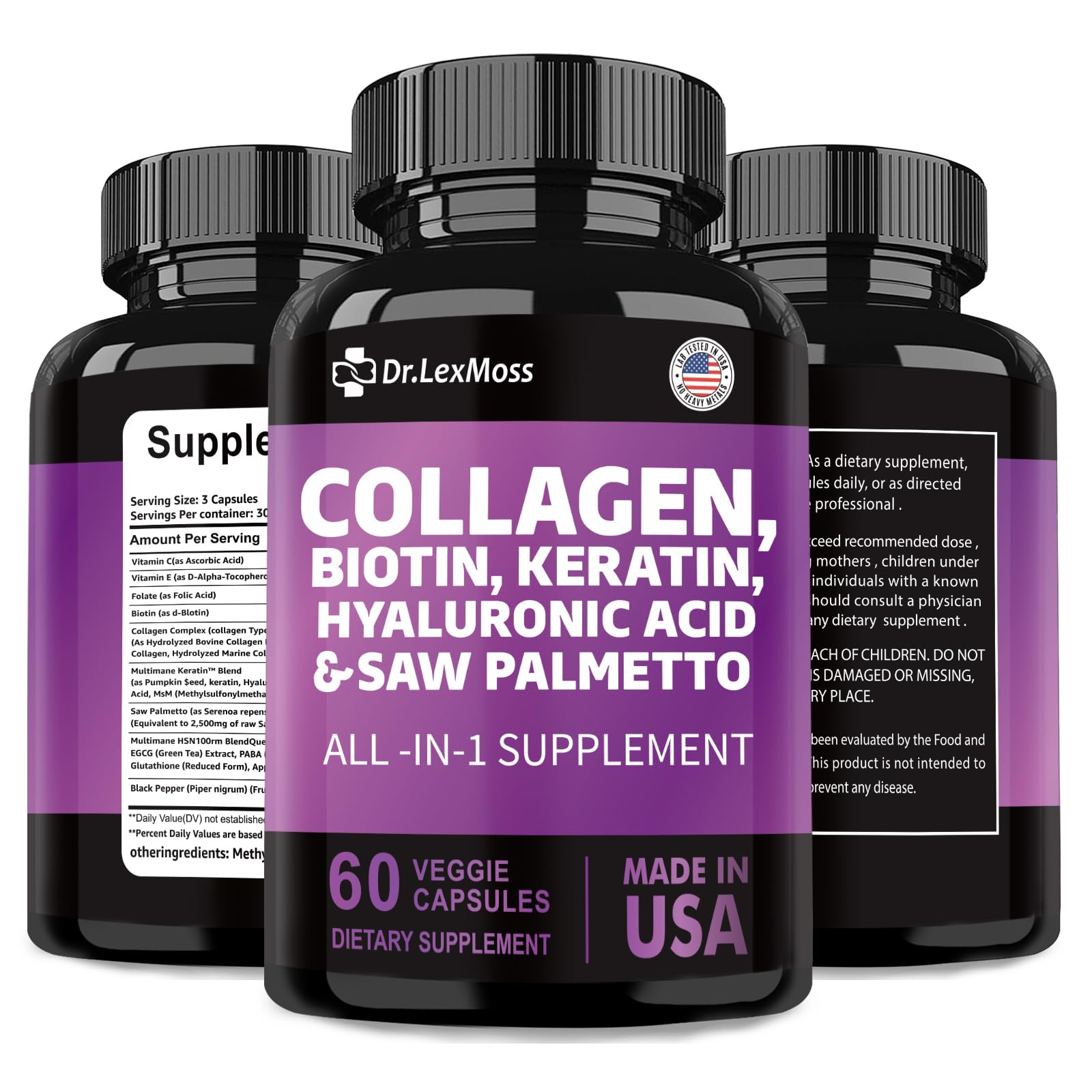 Premium Hair Skin & Nails Supplement with Collagen, Biotin, Keratin & Hyaluronic Acid - Vitamin E, Folic Acid, DHT Blocker & Pumpkin Seed for Men & Women - 60 Capsules for Stronger Hair & Healthier Skin