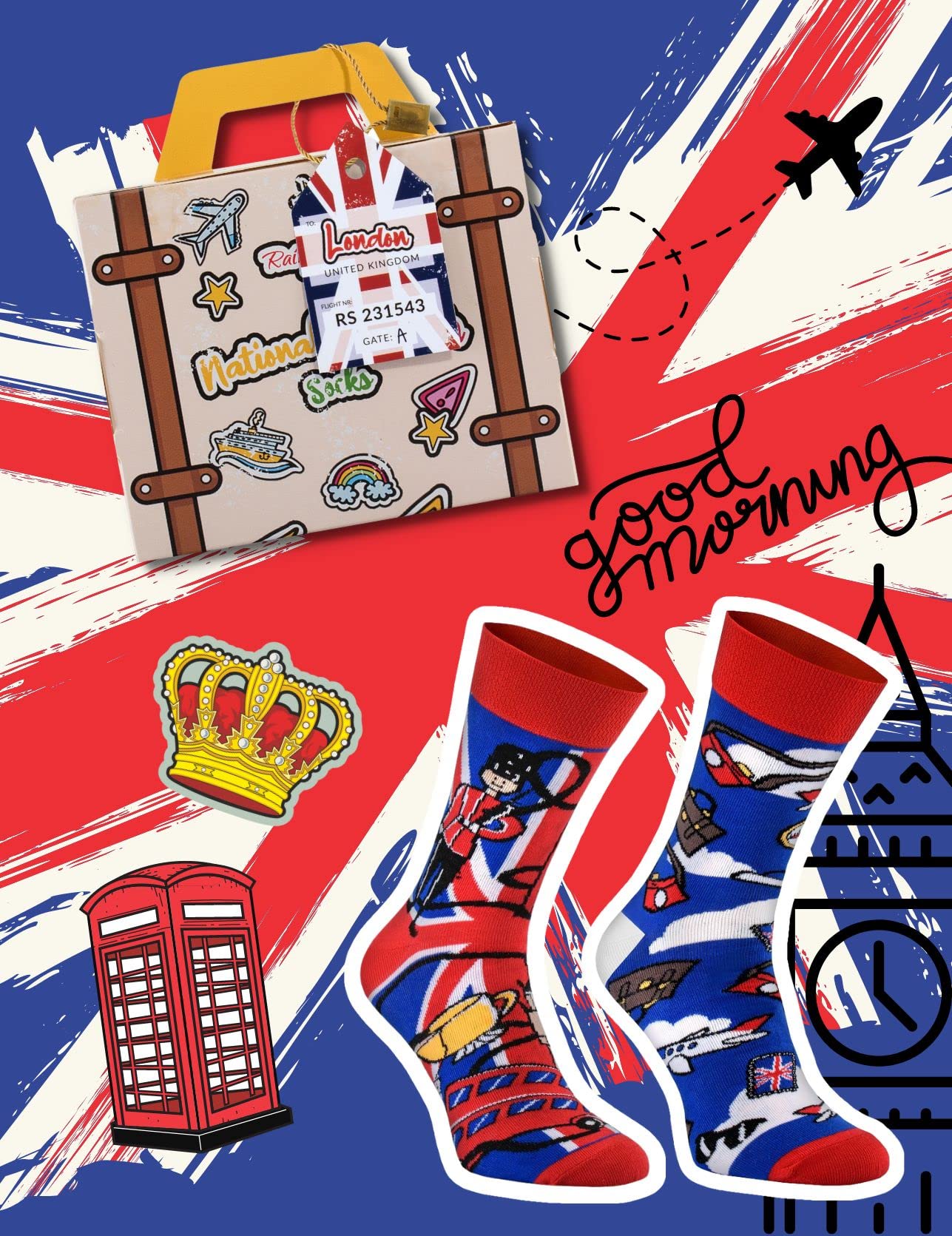 Rainbow Socks for Men & Women - Fun Novelty Socks with England Suitcase Design - 1 Pair - Perfect for Travel, Gifts & Casual Wear