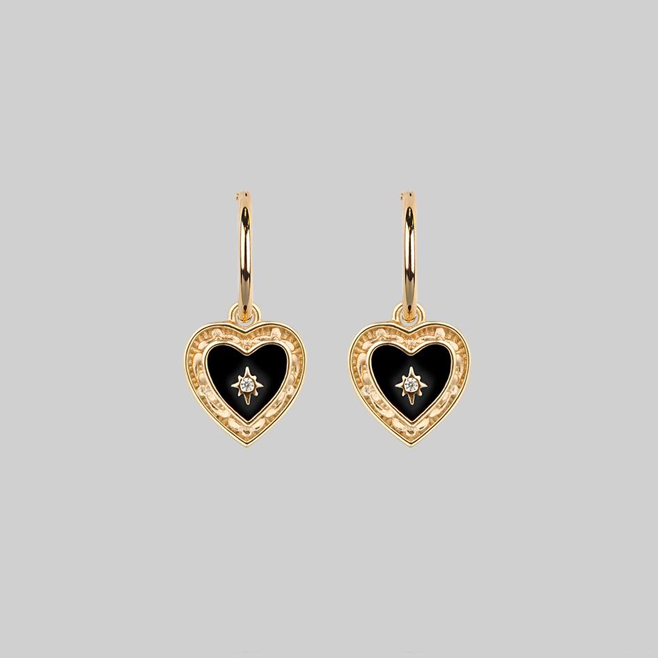 SOLEMN Black Enamel Heart Hoop Earrings - 14K Gold Plated Dangle Earrings for Women | Valentine's Day Gift, Anniversary Present, Romantic Date Night Jewelry