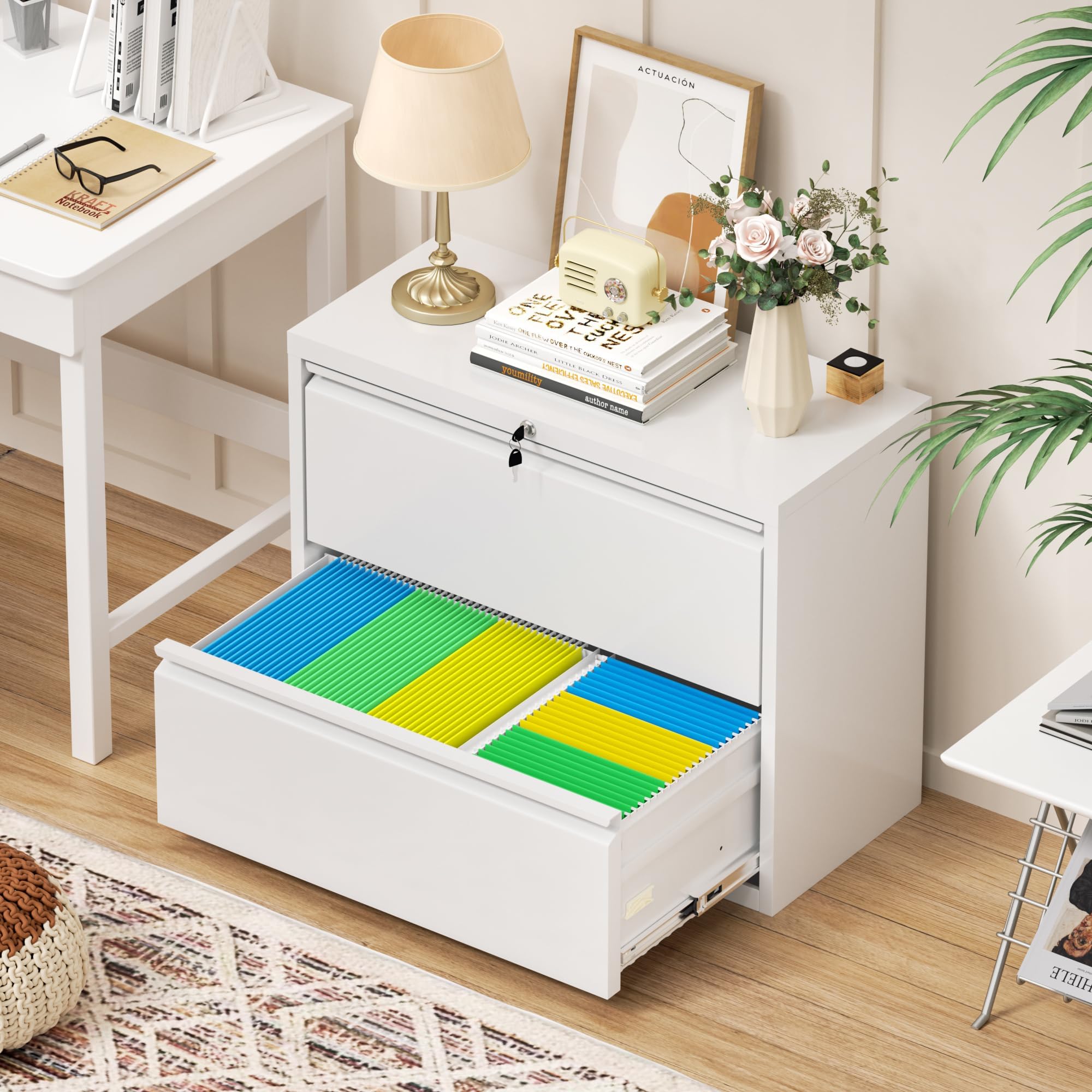 Bonusall 2-Drawer Metal Lateral File Cabinet with Lock - Letter/Legal/A4/F4 Size Locking Filing Cabinet for Home Office - Heavy Duty Steel Organizer for Documents & Files - Perfect for Office Storage & Organization (White)