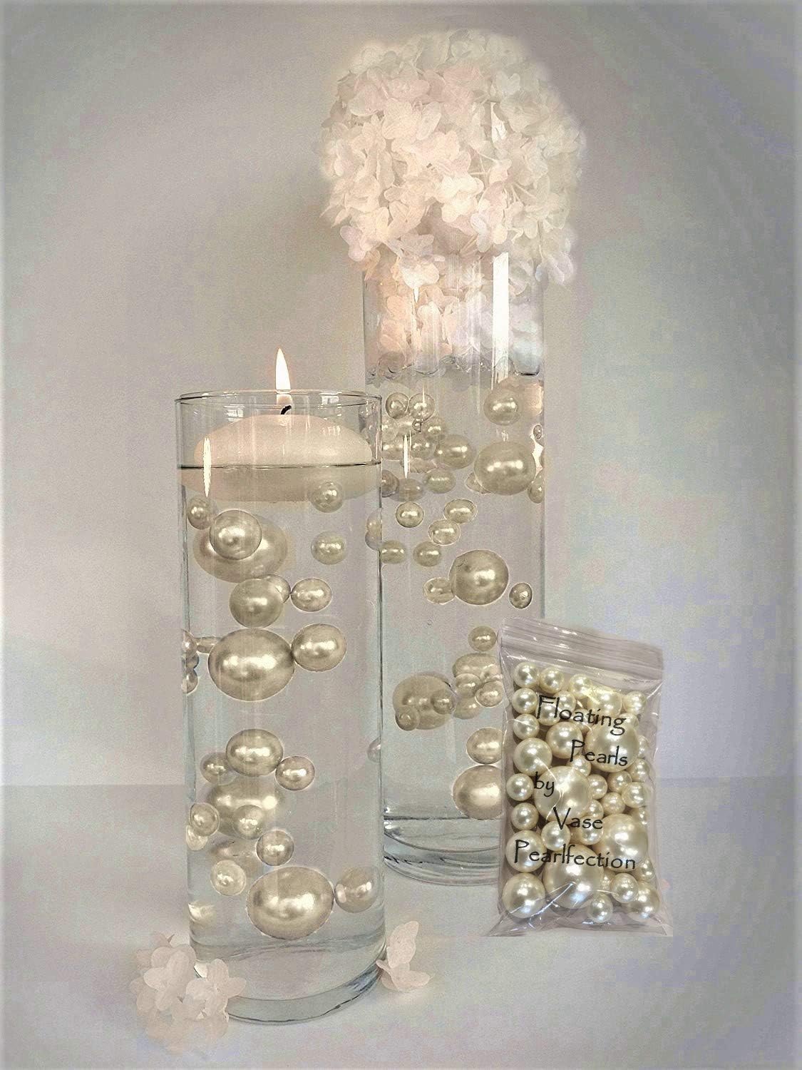 750 Floating Ivory/Off White Pearls - 10 Gallon Capacity for Floating Effect - Includes Measured Floating Gel Prep Bags & Warm White Submersible Fairy Lights - Perfect for Weddings, Centerpieces, Baths, and Home Decor