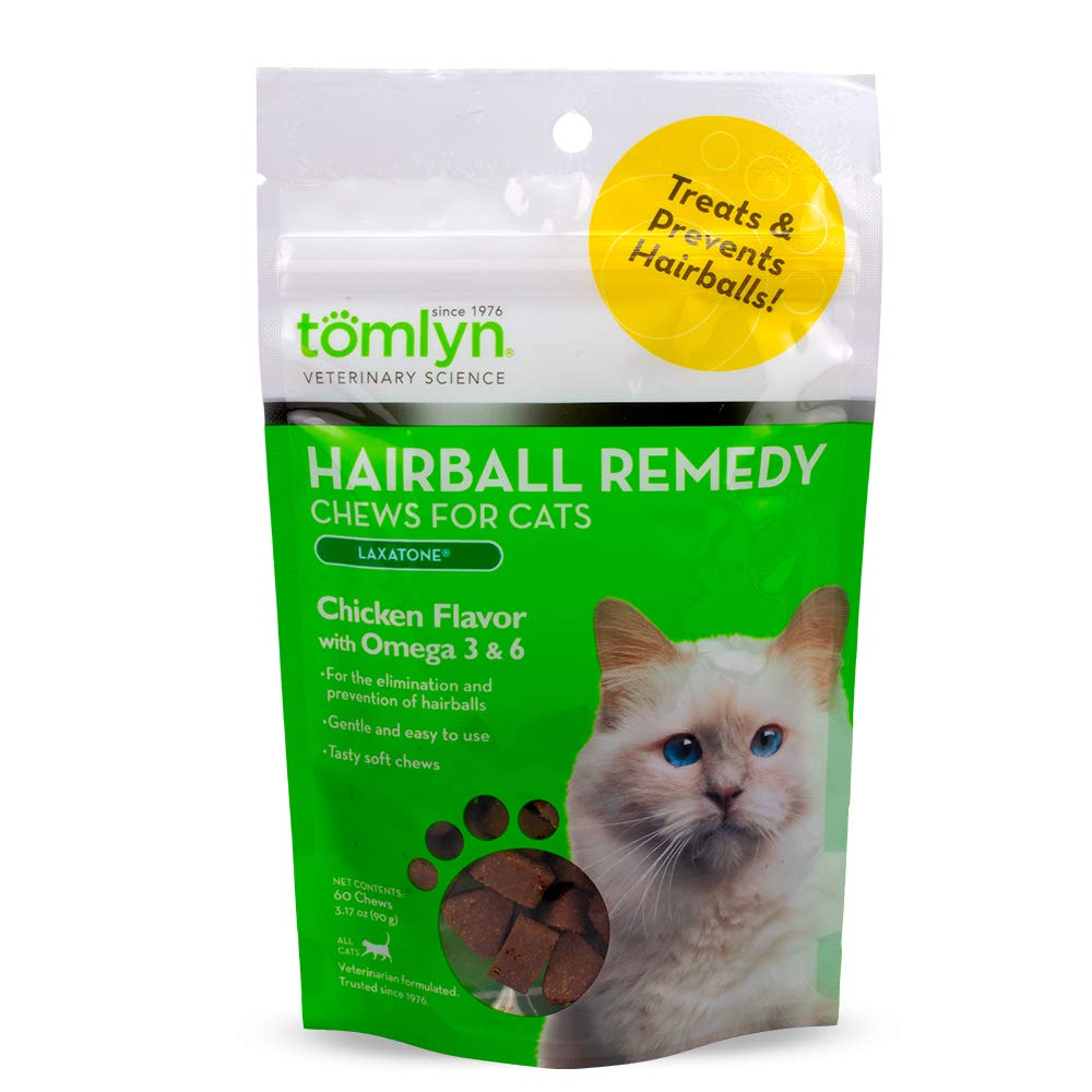 TOMLYN Laxatone Chicken-Flavor Hairball Remedy Chews for Cats & Kittens - 60 Count - Digestive Aid for Hairball Control & Prevention - Perfect for Indoor Cats & Long-Haired Breeds