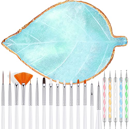 21 Pieces Professional Nail Art Tools Kit - Leaf Shape Resin Mixing Palette & 20 Golden Edge Design Brushes for Acrylic Gel Polish - Perfect for DIY Manicure, Nail Salon & Home Use