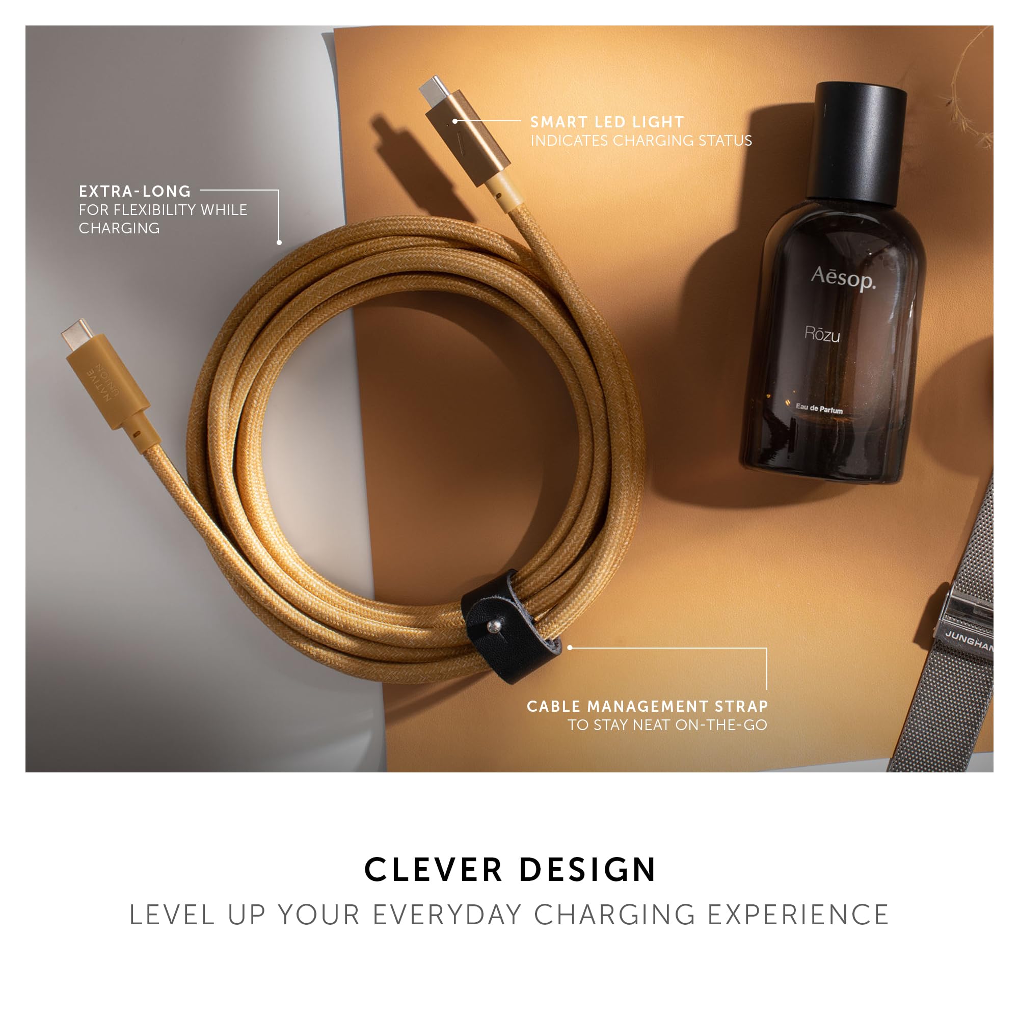 Native Union Type-C Belt Cable Pro - 240W USB-C to USB-C 8ft Ultra-Strong Charging Cable with Leather Strap | Compatible with iPhone 16, 16 Pro Max, MacBook Pro 14