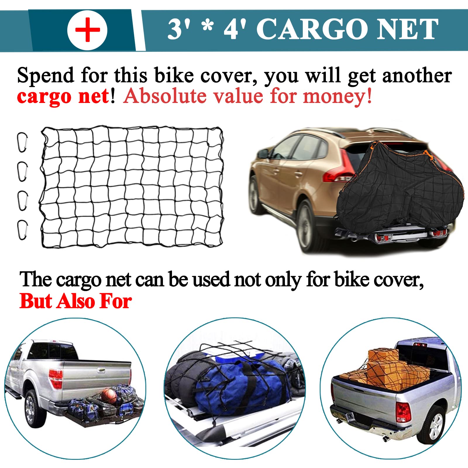 Heavy Duty 600D Oxford Bike Cover for 2 Bikes - Waterproof Tear-Resistant Bicycle Transport Cover with Adjustable Cargo Net - Perfect for Rear Bike Rack Protection During Travel & Outdoor Adventures