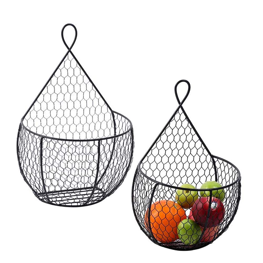 ERYTLLY Metal Hanging Basket Set of 2 - Wall Mounted Wire Storage for Fruits, Vegetables & Flowers | Space-Saving Kitchen Organizer for Fresh Produce Display