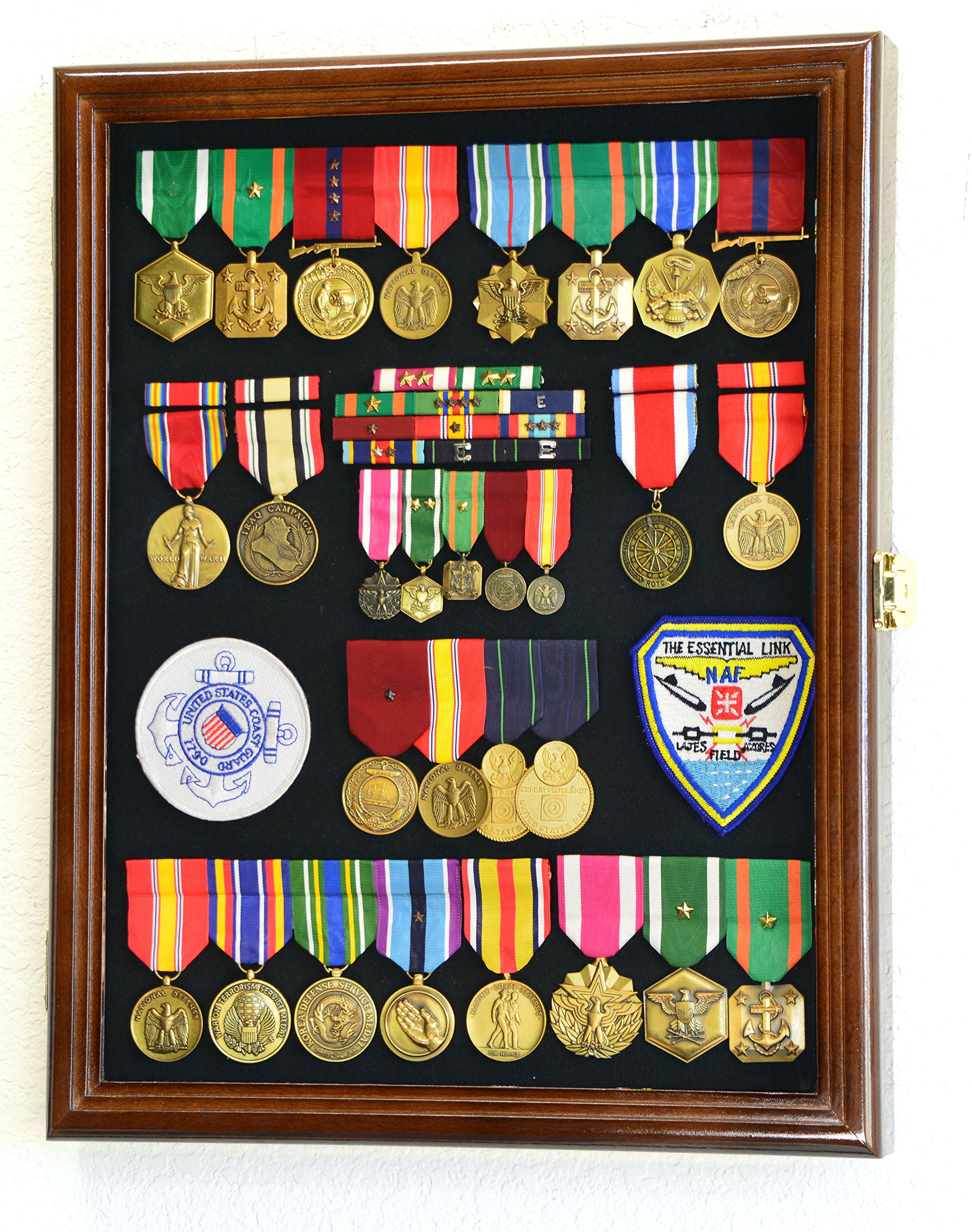 Military Medals, Pins, Badges & Insignia Display Case - Lockable Shadowbox Cabinet with Pinnable Background for Flags, Ribbons & Patches - Perfect for Home Decor, Veteran Gifts & Military Memorabilia Collection