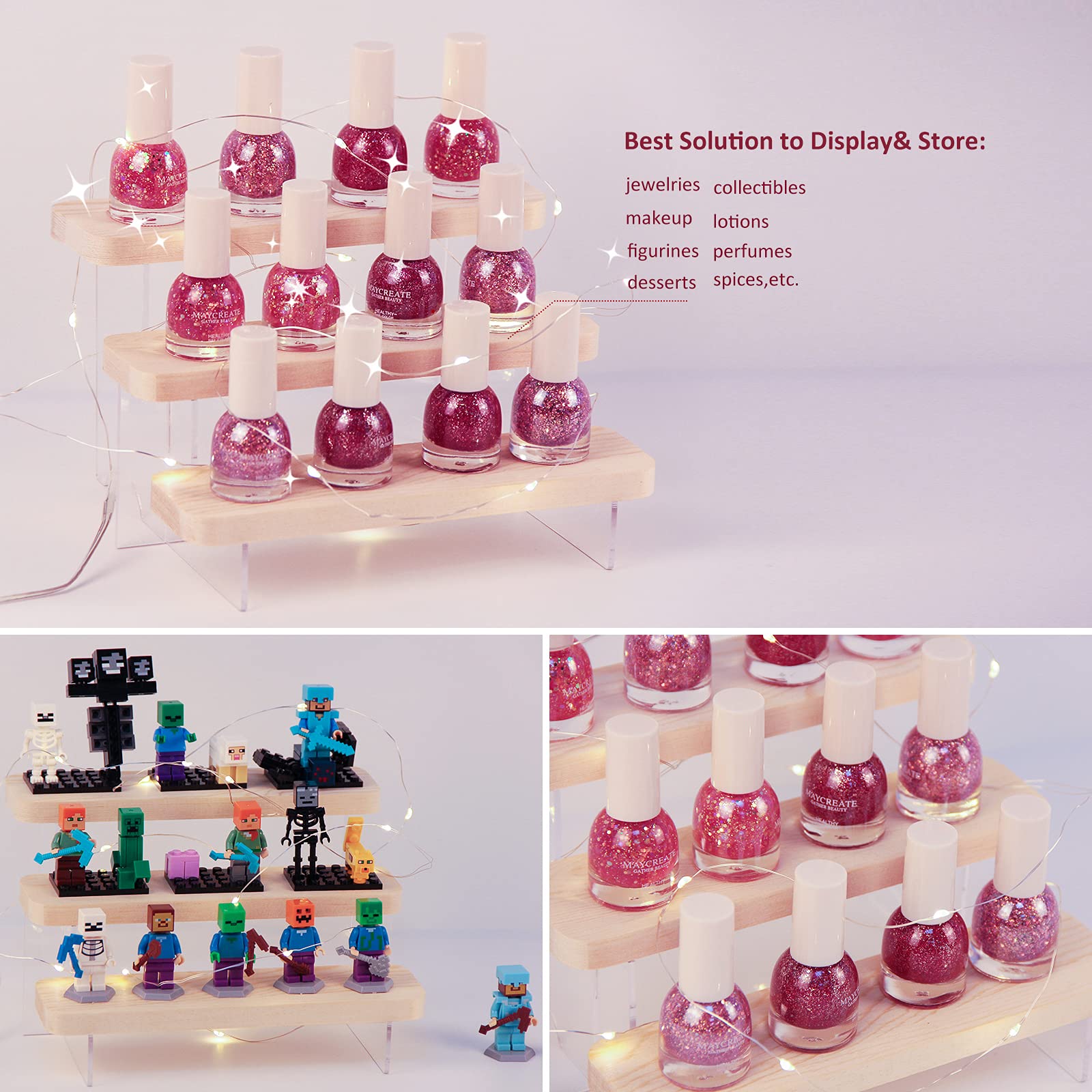 Acrylic Figure Display Stand & Wood Tiered Shelf Organizer for Collectibles - 3-Tier 7.87 Inch Riser - Perfect for Action Figures, Funko Pops, and Product Showcases in Retail Stores