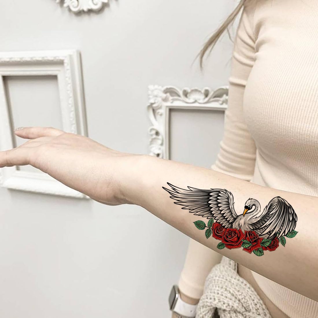 Beautiful Rose Color Swan Temporary Tattoo for Men & Women - Waterproof Fake Tattoo Sticker for Parties, Festivals & Body Art