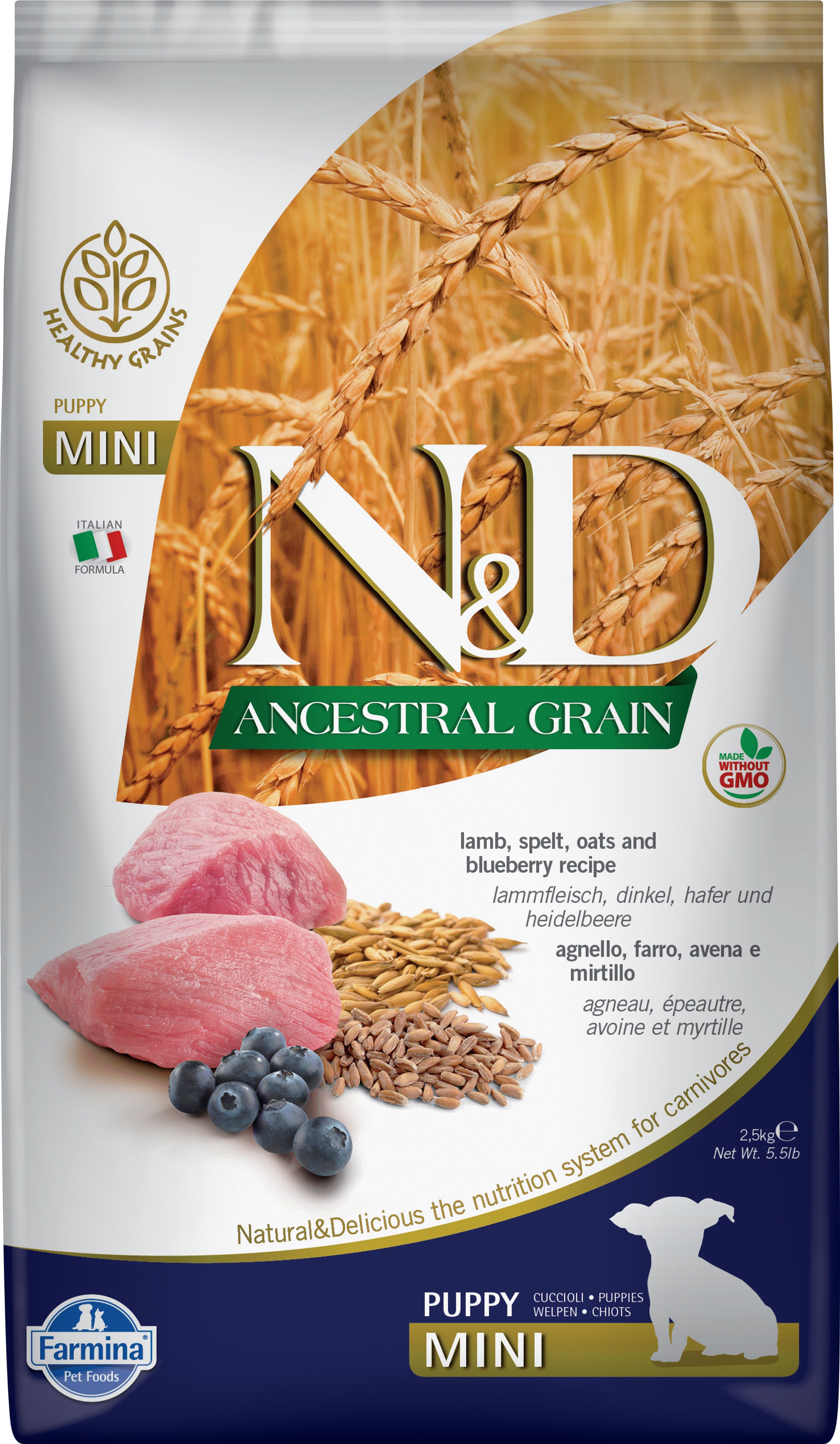 Farmina N&D Ancestral Grain Dry Dog Food - Lamb & Blueberry Recipe for Puppies & Small Breeds | High Protein Natural Nutrition for Growing Dogs - Perfect for Home Feeding & Training Treats