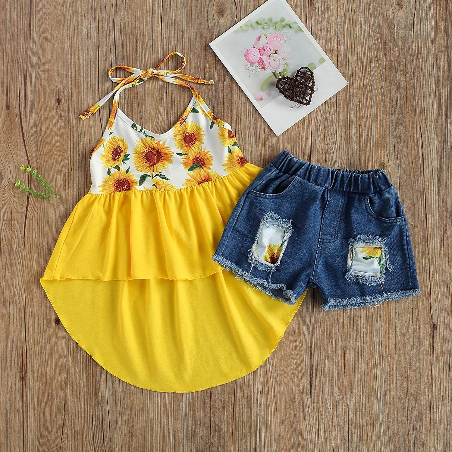Boho Sunflower Crop Top & Distressed Denim Shorts Set for Toddler Girls | Summer Outfit for Playdates, Beach & Casual Wear