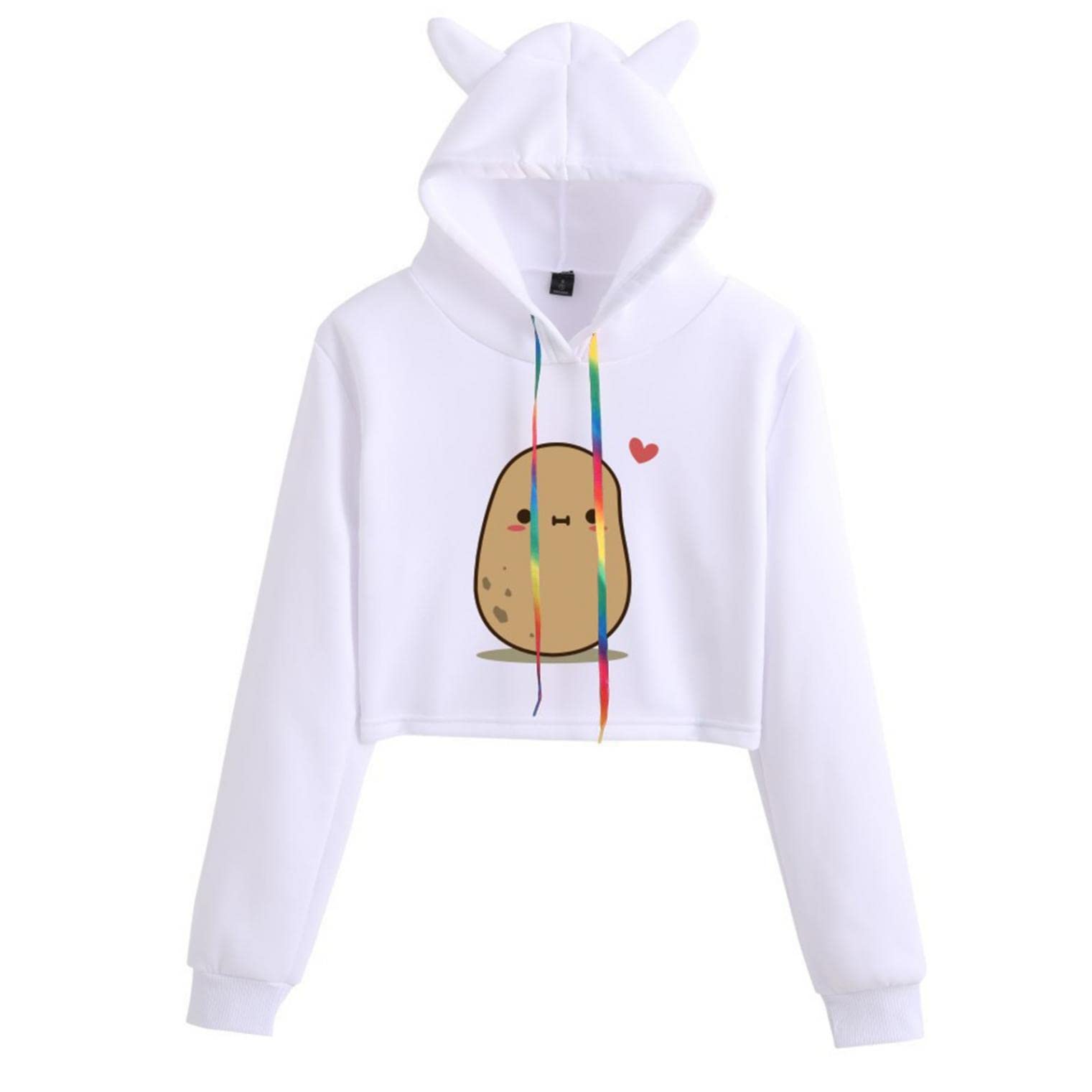 Cute Cropped Hoodies for Women & Teens - Cat Ears Potato Print Pullover Sweatshirt | Lightweight Long Sleeve Hooded Top for Fall Fashion | Perfect for Casual Wear, Street Style & Instagram Outfits