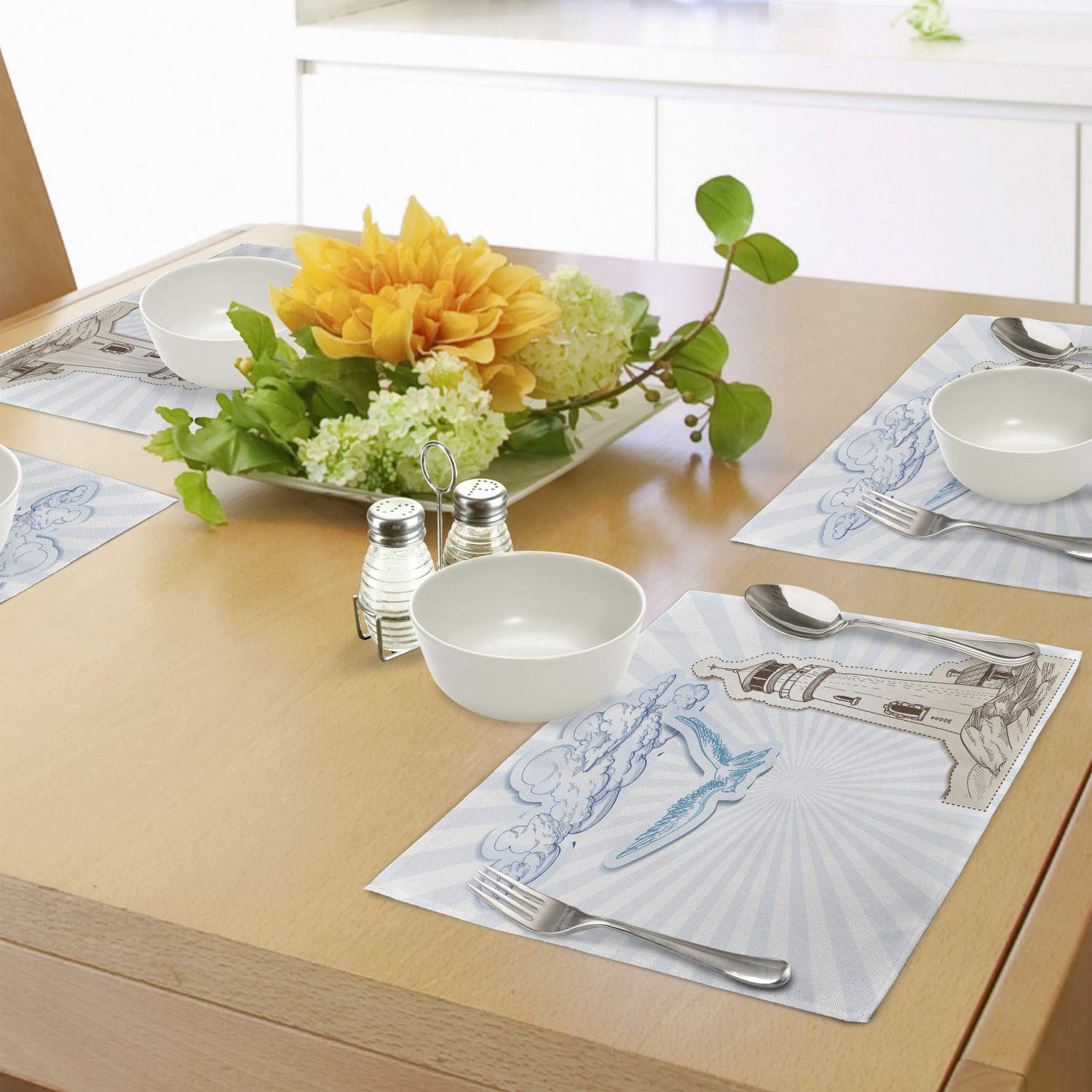 Ambesonne Seagulls Placemats Set of 4 - Nautical Themed Washable Fabric Place Mats for Dining Table & Kitchen Decor in Brown, Cream & Blue | Perfect for Beach House, Coastal Home & Seaside Dining Decor