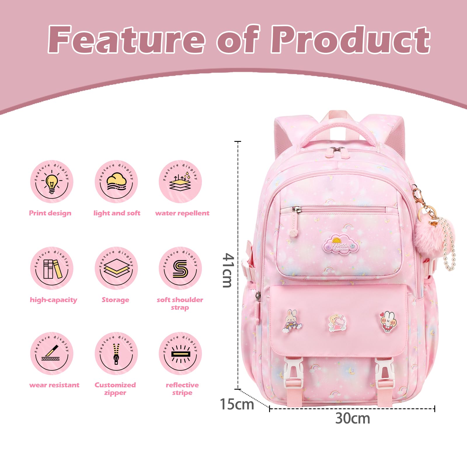 Stylish 15.6 Inch Waterproof School Backpack for Girls Ages 6-12 - Large Capacity Pink Kids Backpack for School, Travel & Daily Use