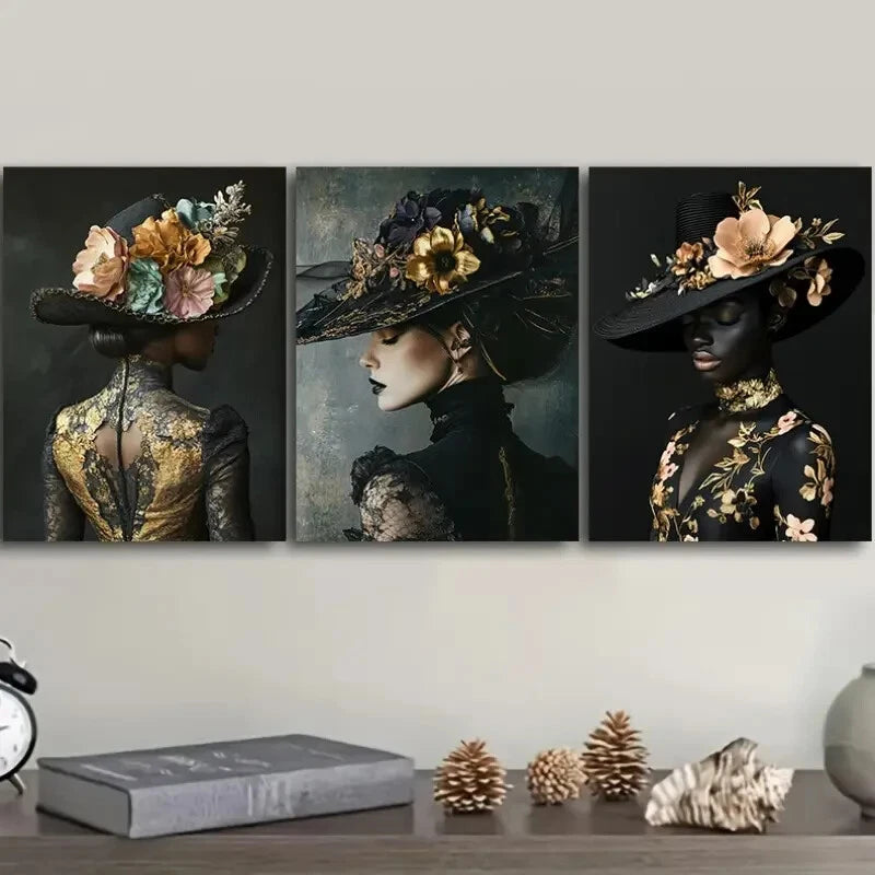 3-Piece Floral Hat Girl Painting - Metal Print Wall Art Ready to Hang | Perfect for Living Room, Bedroom & Office Decor