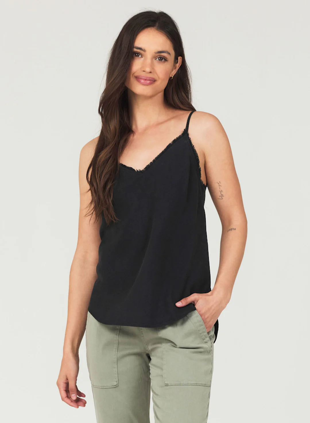 Vintage Black Frayed Edge Camisole Top - Women's Boho Lace Trim Tank Top for Casual Wear, Layering & Summer Outfits