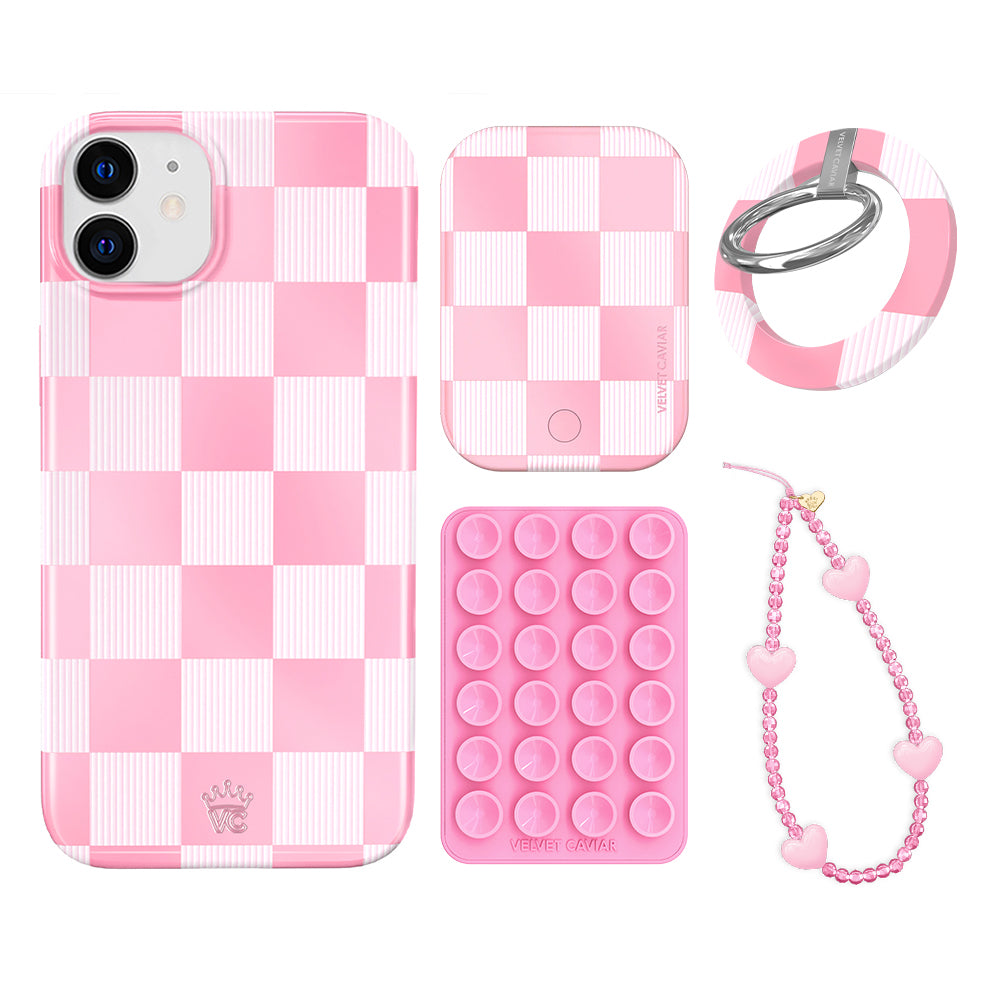 Pink Vibe Checkered iPhone Case with Grip - Trendy Protective Phone Cover for iPhone 13/14/15 Pro Max - Perfect for Everyday Use, Travel & Selfies