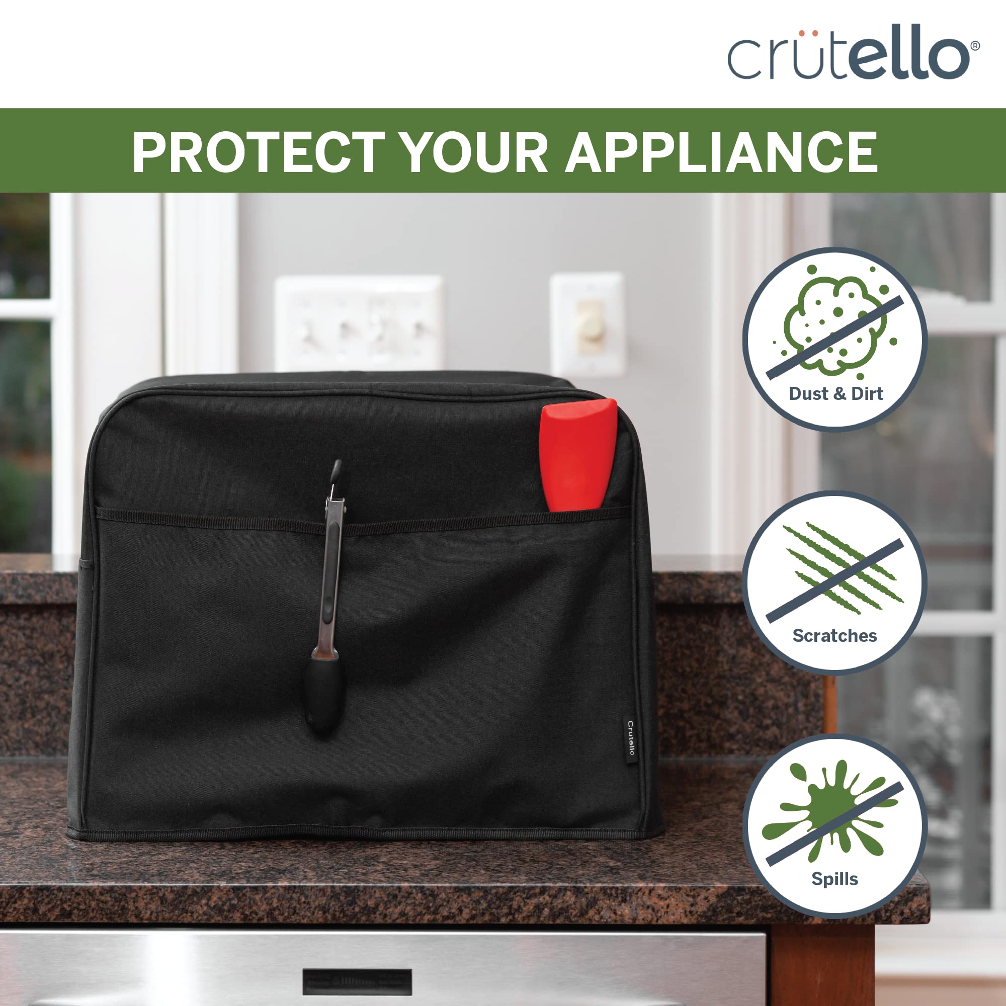 Crutello Convection Toaster Oven Cover with Storage Pockets - Large Heat-Resistant Toaster Cover for Machines Up to 17 x 15 x 14 Inches - Black Countertop Oven Protector - Perfect for Kitchen, RV, Dorm & Small Spaces