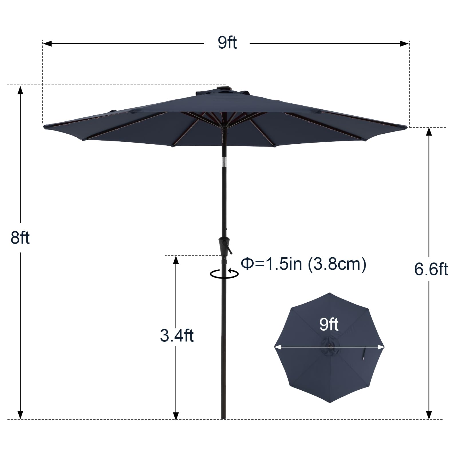 COBANA 9-Foot Solar Powered LED Patio Umbrella with Heavy Duty Base - 32 LED Lights Outdoor Market Umbrella for Garden, Poolside, Restaurant & Backyard Dining