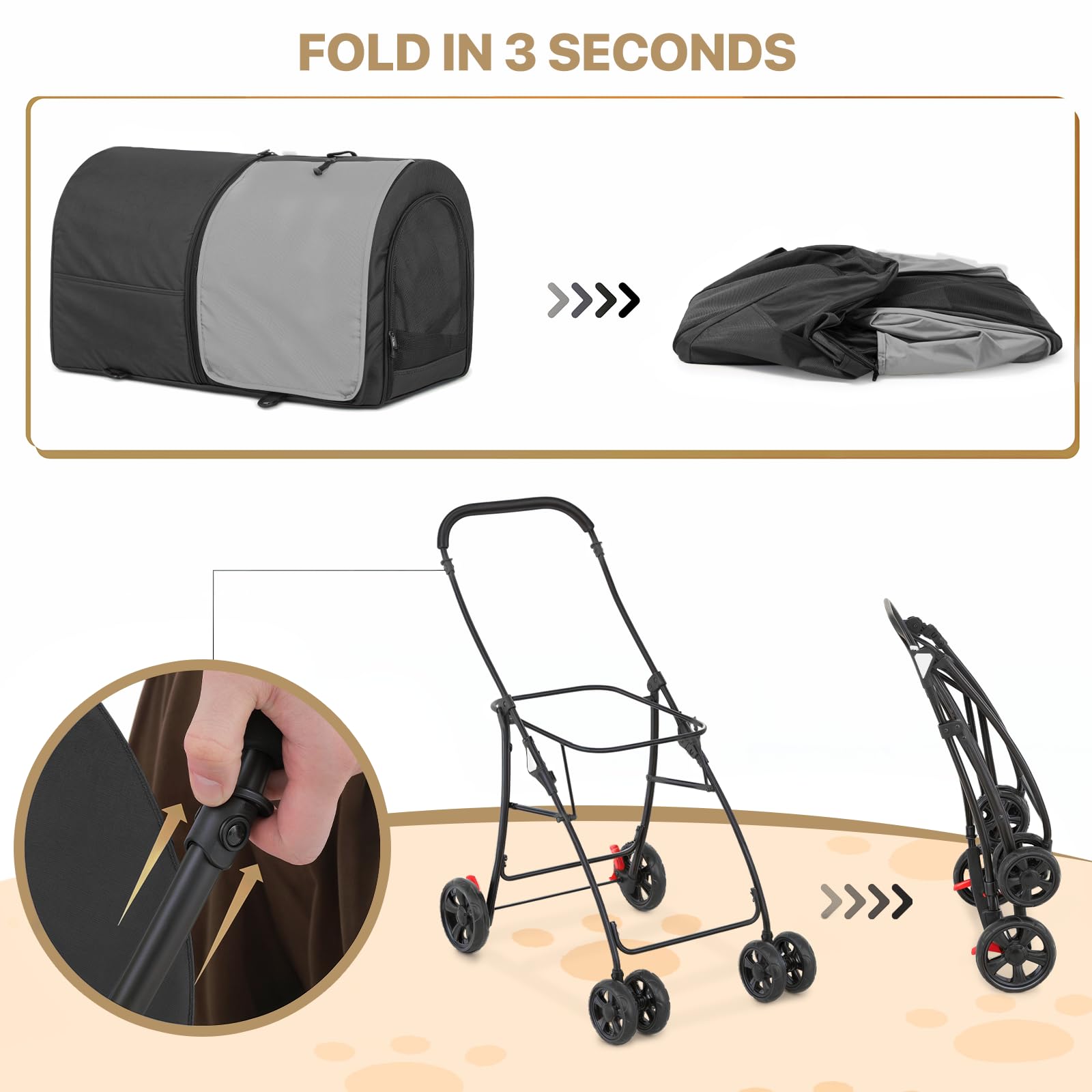 MoNiBloom Double Dog Stroller with Detachable Carrier Bags - Large 4-Wheel Foldable Pet Jogger for Small & Medium Dogs & Cats (Black/Gray) - Perfect for Park Walks, Vet Visits & Outdoor Adventures