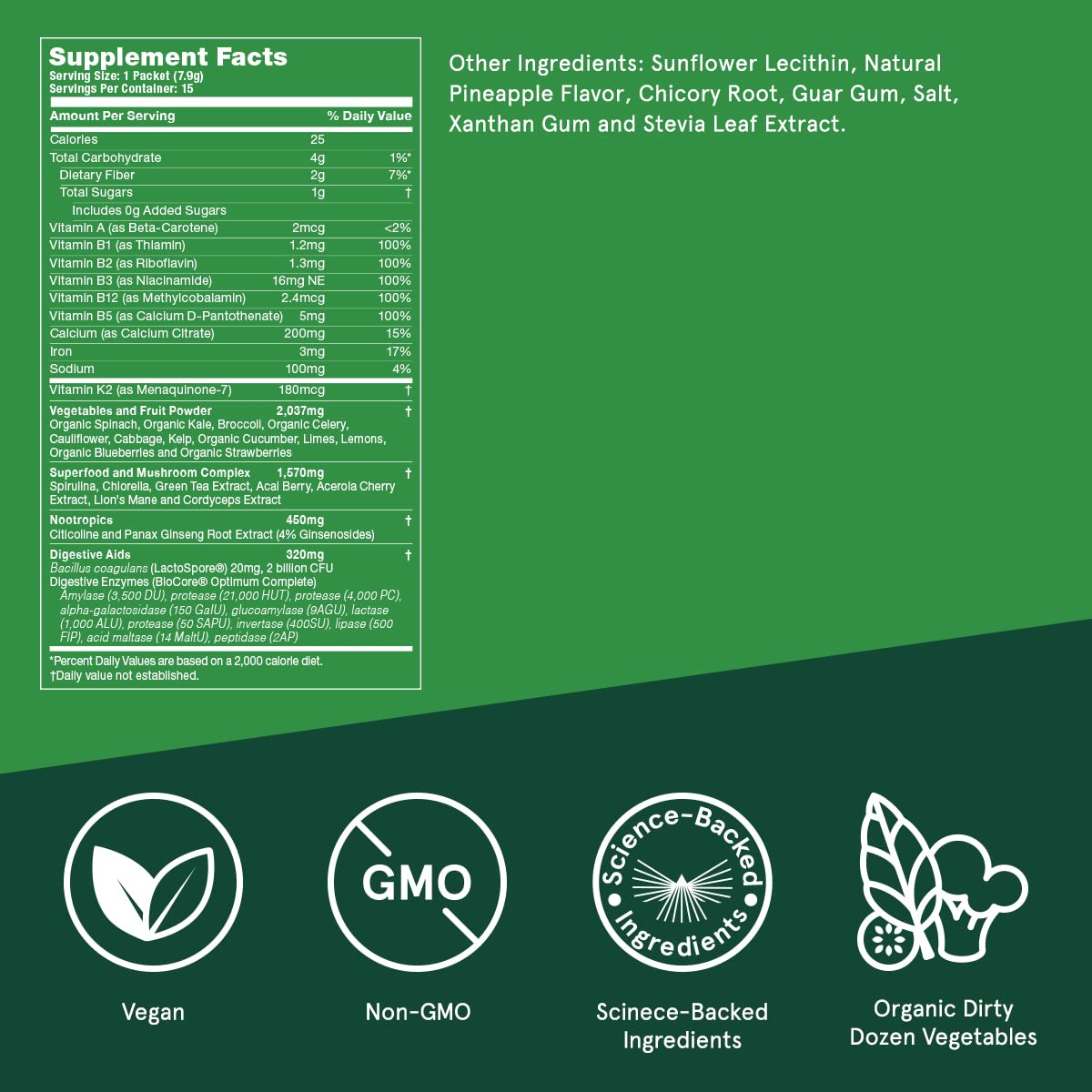 Bulletproof Greens Packets, 15 Count - Superfood Greens Powder with Nootropics & Essential Nutrients | Daily Vegetable Supplement for Energy & Focus | Perfect for Busy Professionals & Athletes