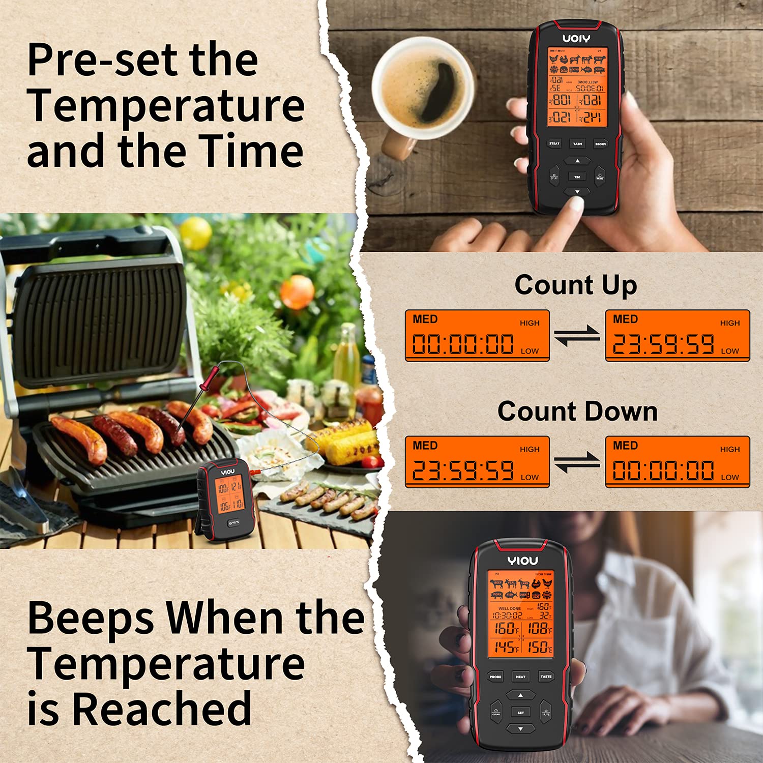 YIOU Wireless Meat Thermometer for Grilling, Smoking & BBQ - Digital Cooking Thermometer with 4 Probes, 500FT Long Range, Fast & Accurate Food Thermometer for Oven, Grill, Smoker - Perfect for Steak, Turkey, Chicken & Home Cooking
